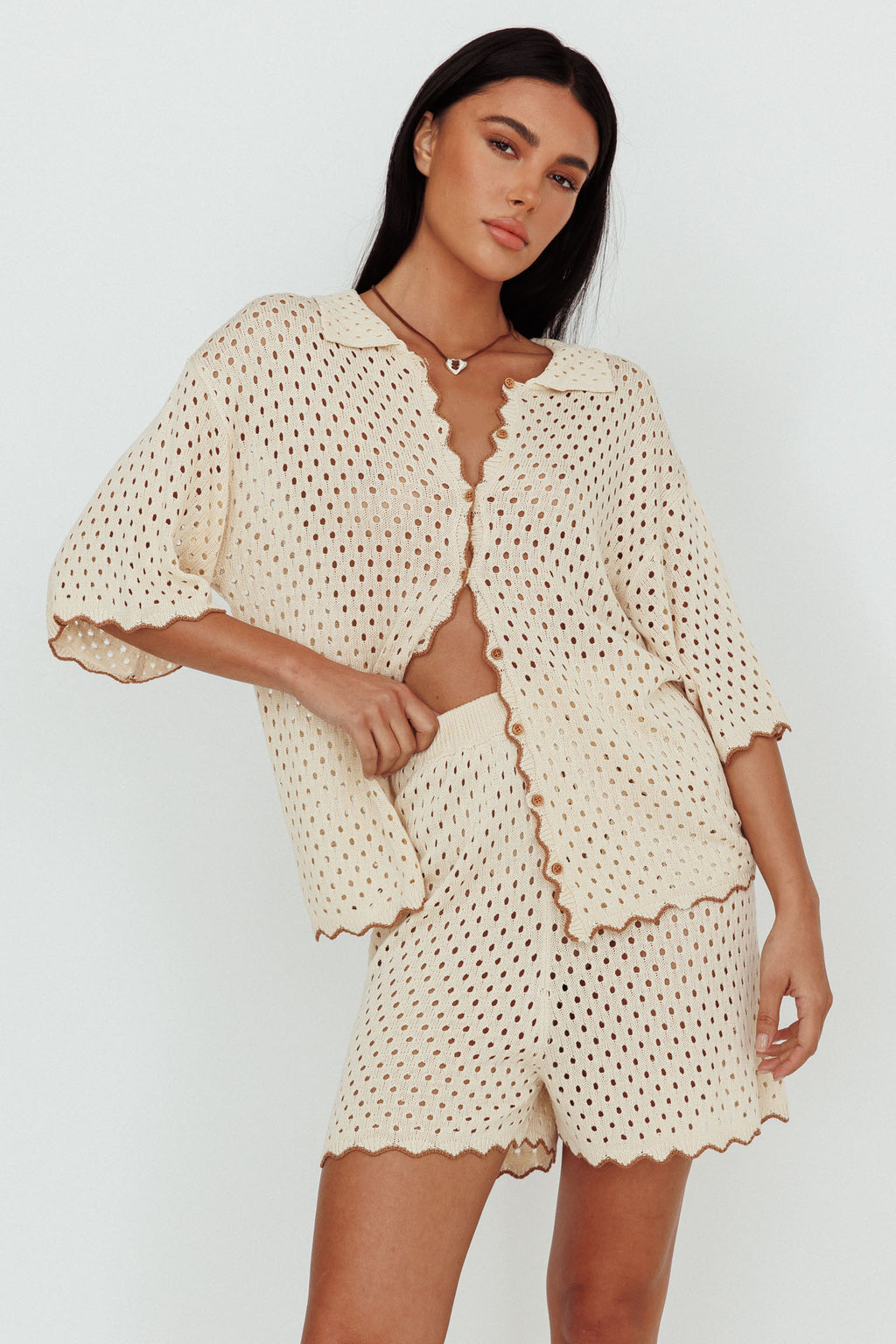 Just A Hunch Button Crochet Shirt Nutmeg/Shell by Selfie Leslie
