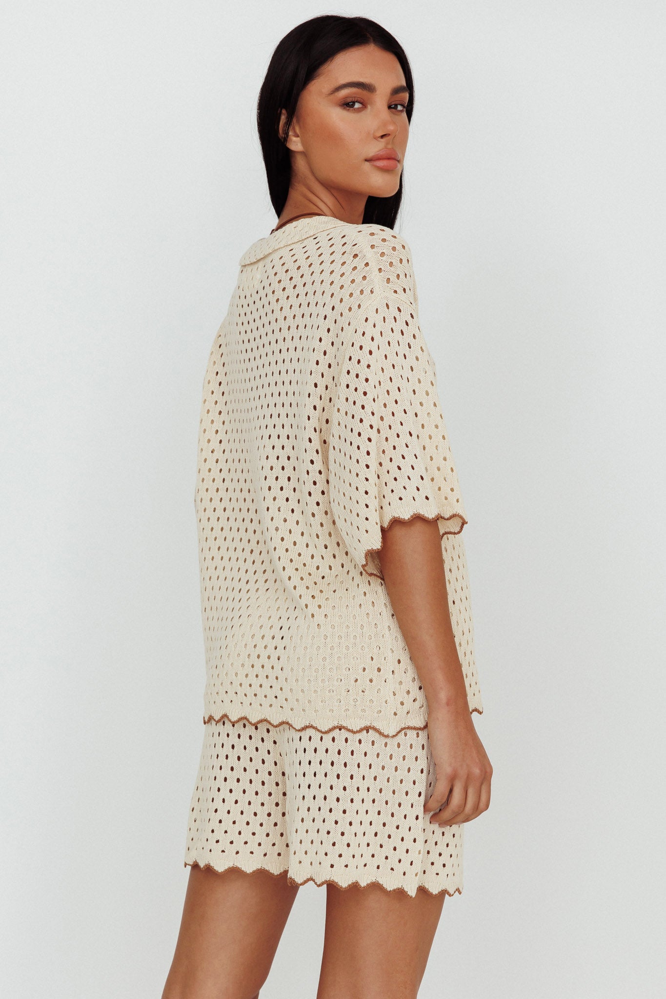 Just A Hunch Button Crochet Shirt Nutmeg/Shell by Selfie Leslie