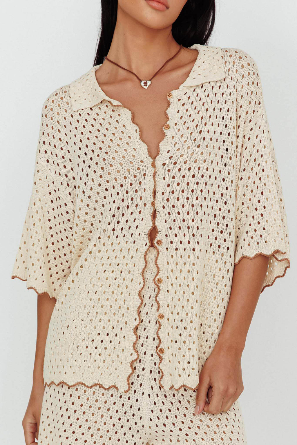 Just A Hunch Button Crochet Shirt Nutmeg/Shell by Selfie Leslie