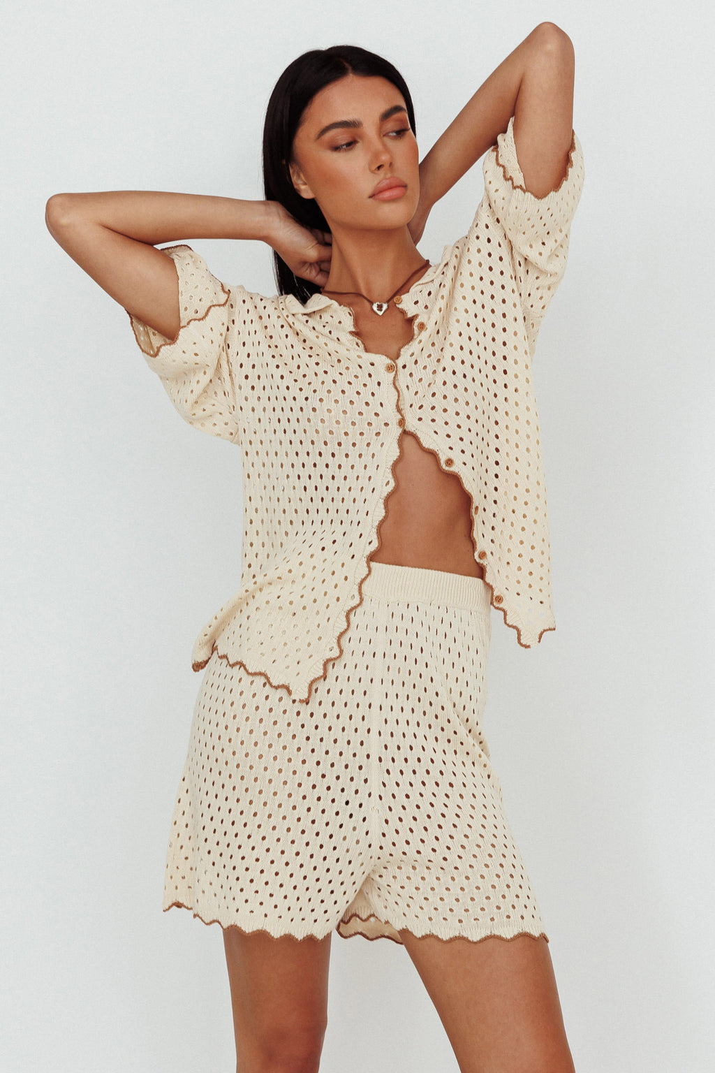 Just A Hunch Button Crochet Shirt Nutmeg/Shell by Selfie Leslie