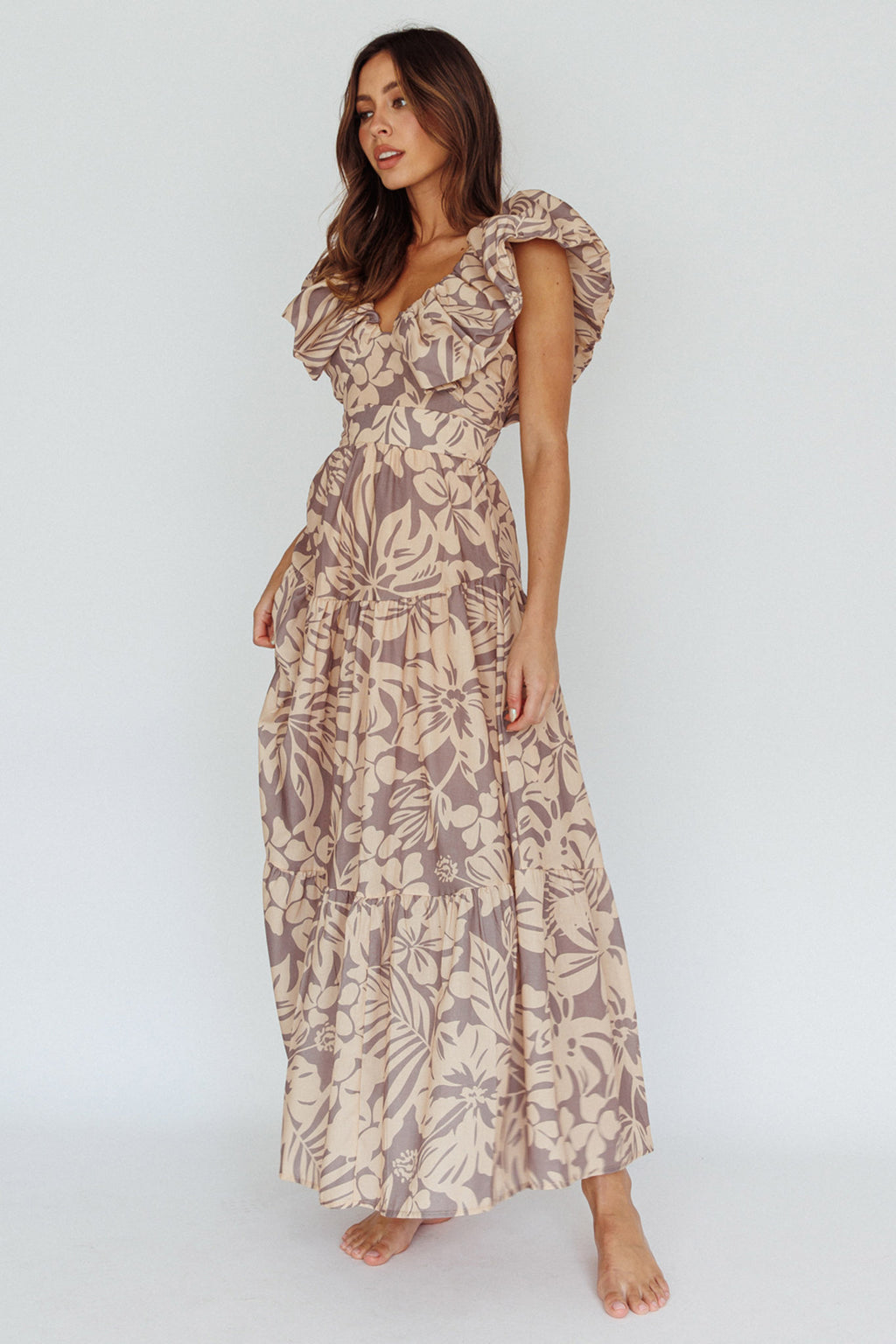 Kahlo Puffed Ruffle Neckline Maxi Dress Print Beige by Selfie Leslie