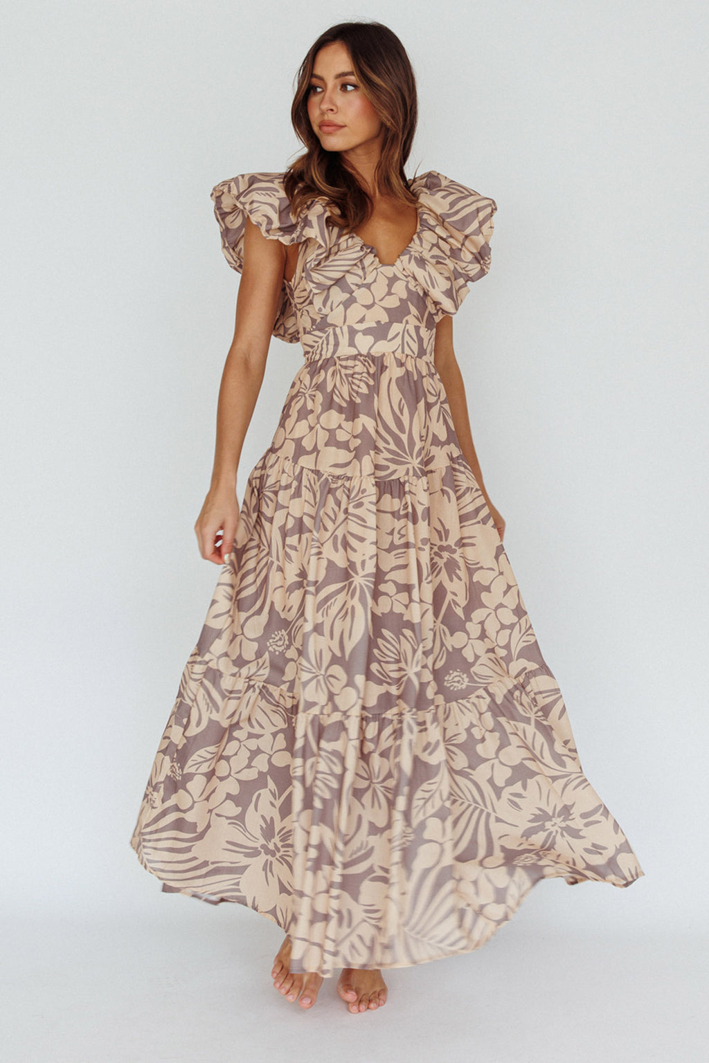 Kahlo Puffed Ruffle Neckline Maxi Dress Print Beige by Selfie Leslie