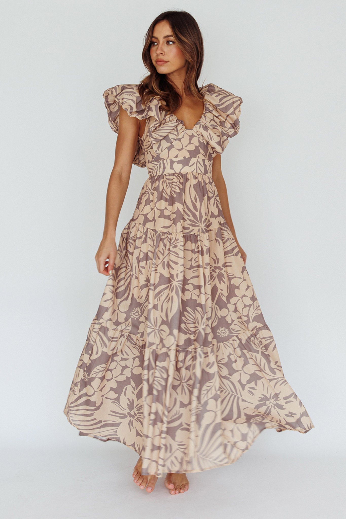 Kahlo Puffed Ruffle Neckline Maxi Dress Print Beige by Selfie Leslie