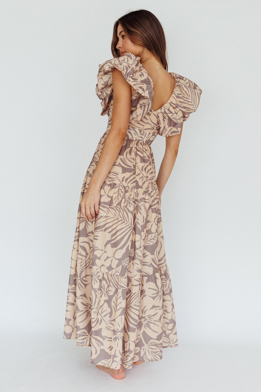 Kahlo Puffed Ruffle Neckline Maxi Dress Print Beige by Selfie Leslie