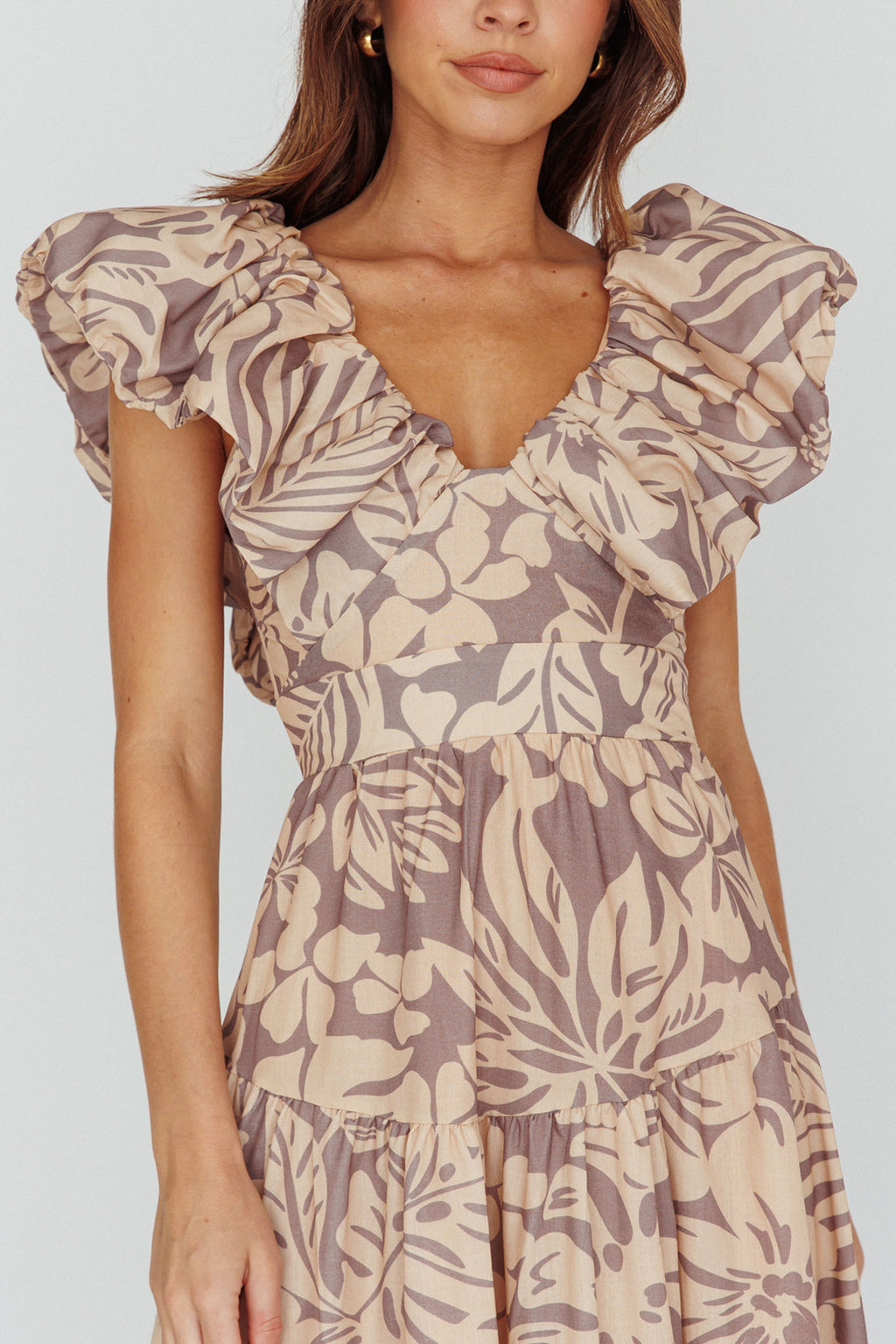Kahlo Puffed Ruffle Neckline Maxi Dress Print Beige by Selfie Leslie