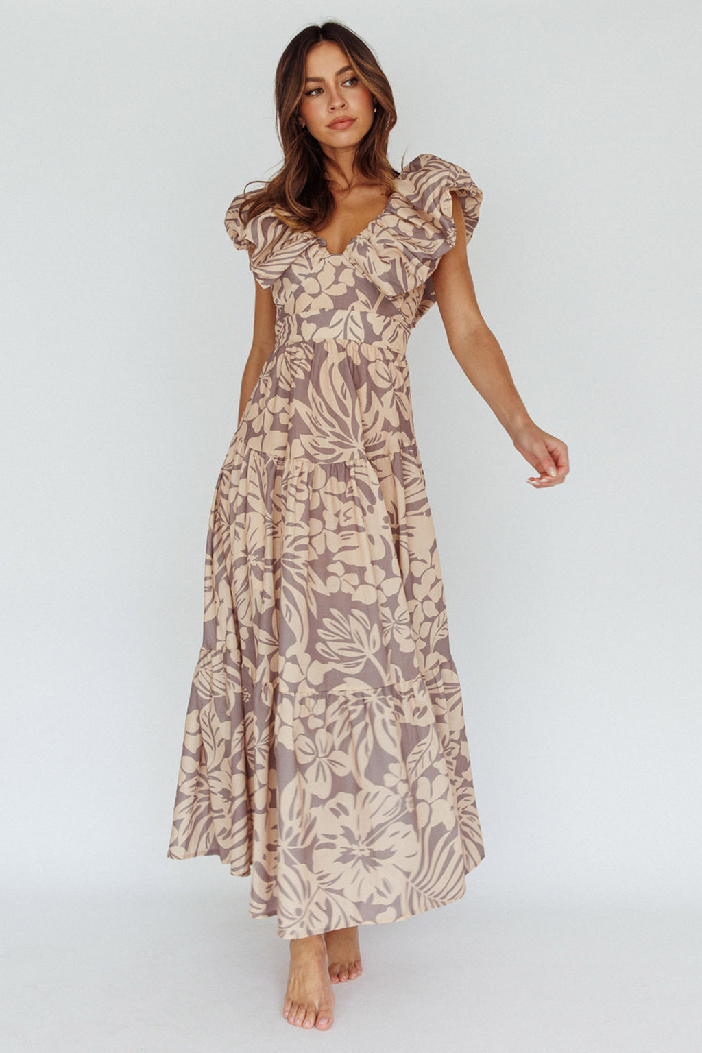 Kahlo Puffed Ruffle Neckline Maxi Dress Print Beige by Selfie Leslie