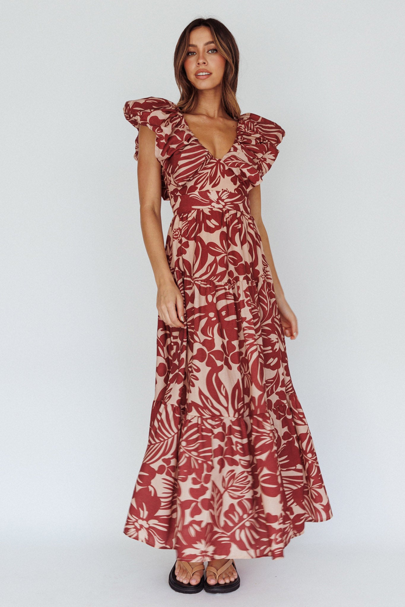 Kahlo Puffed Ruffle Neckline Maxi Dress Print Flame by Selfie Leslie