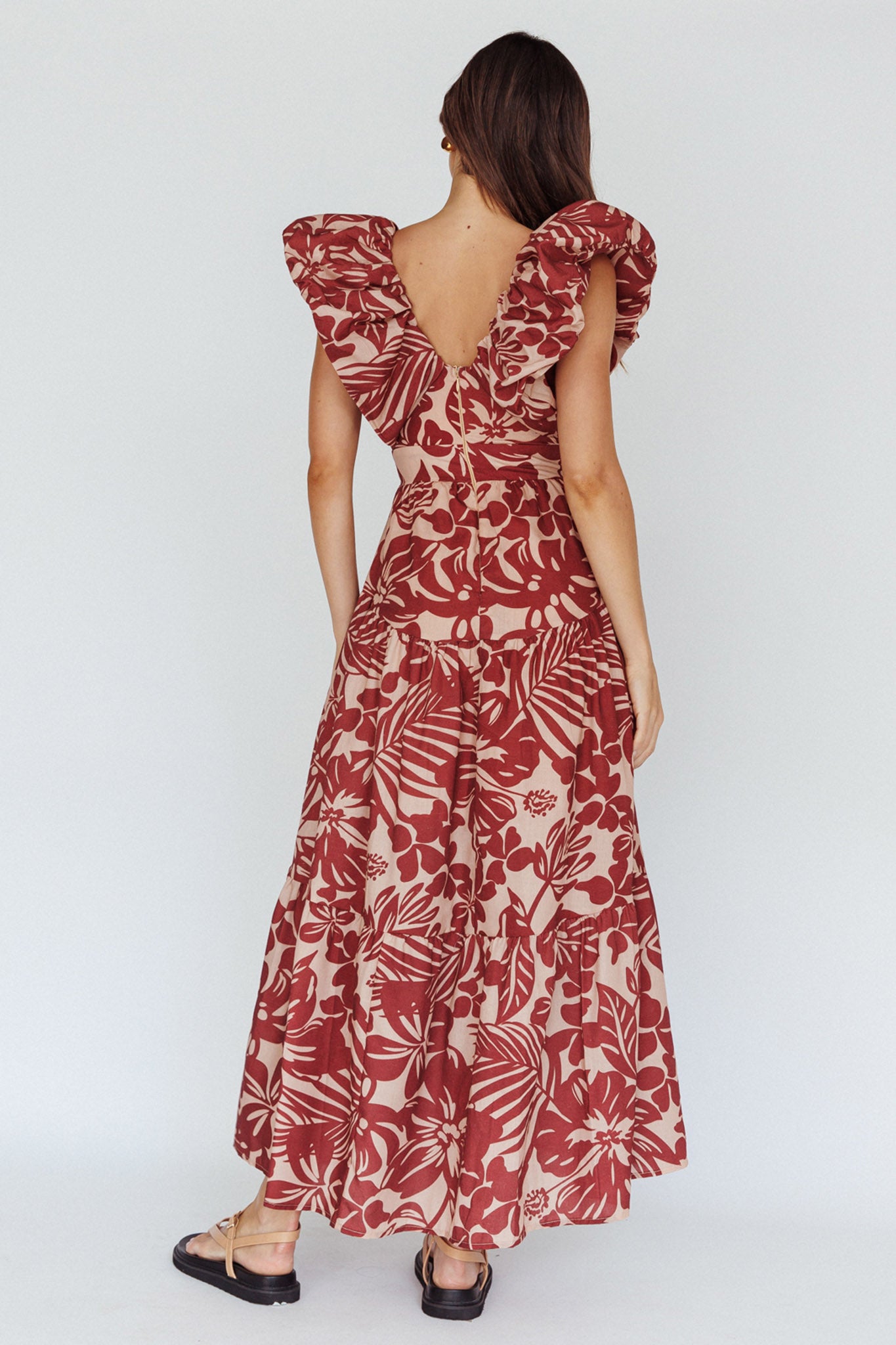 Shop the Kahlo Puffed Ruffle Neckline Maxi Dress Print Flame
