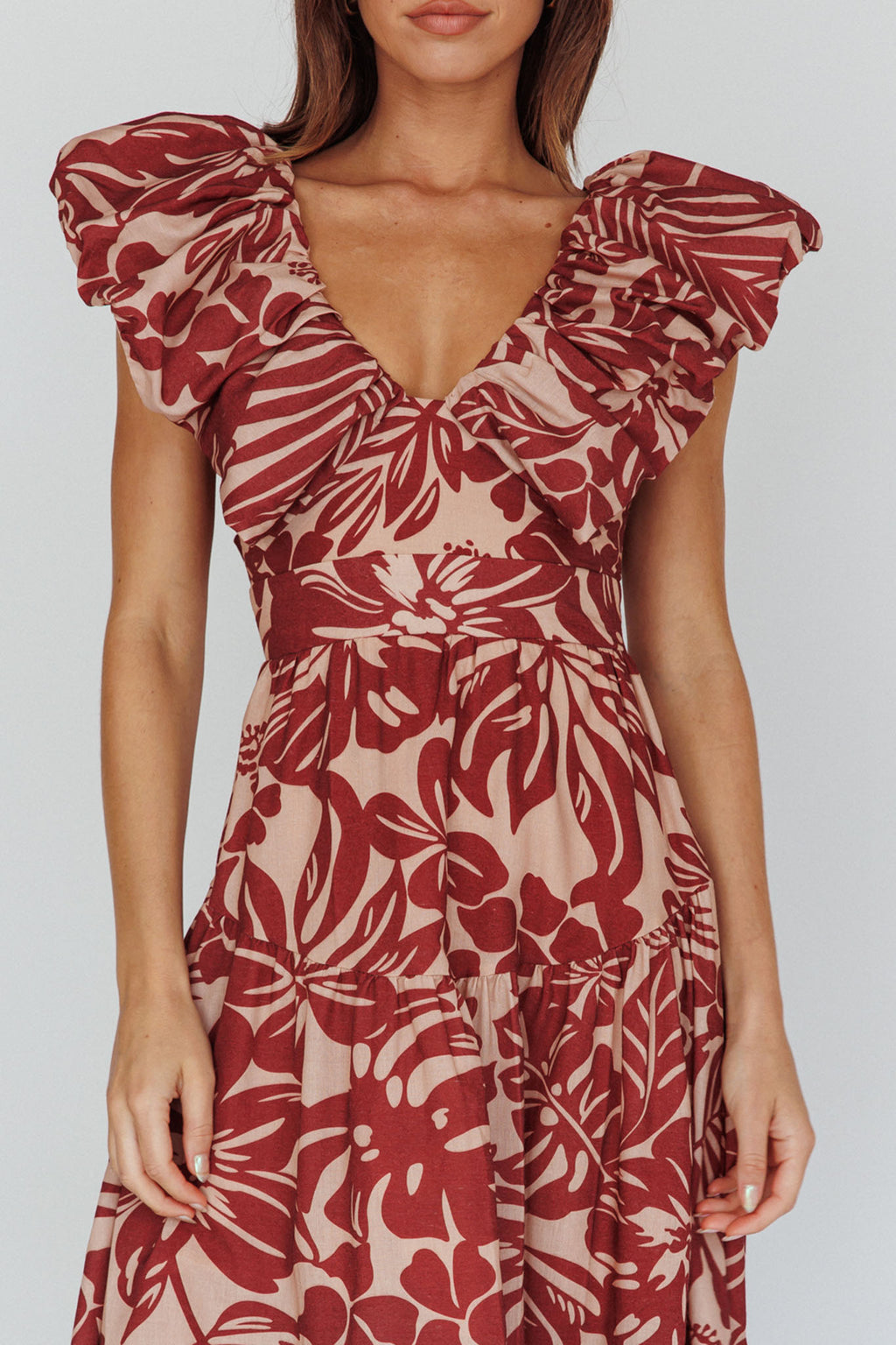 Kahlo Puffed Ruffle Neckline Maxi Dress Print Flame by Selfie Leslie
