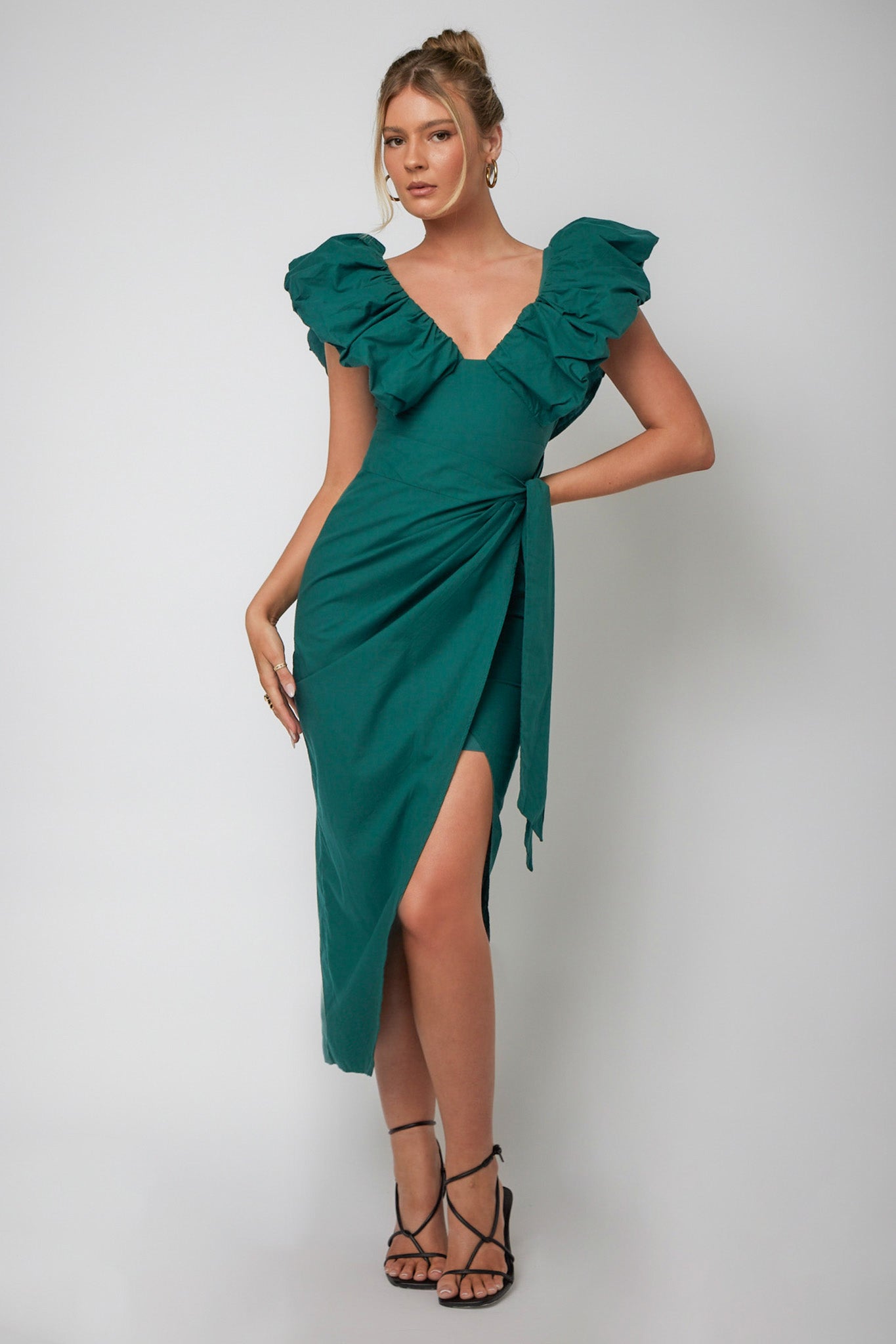 Kahlo Ruffle Neckline Wrap Midi Dress Green - S Kahlo Ruffle Neckline Wrap Midi Dress Green - S