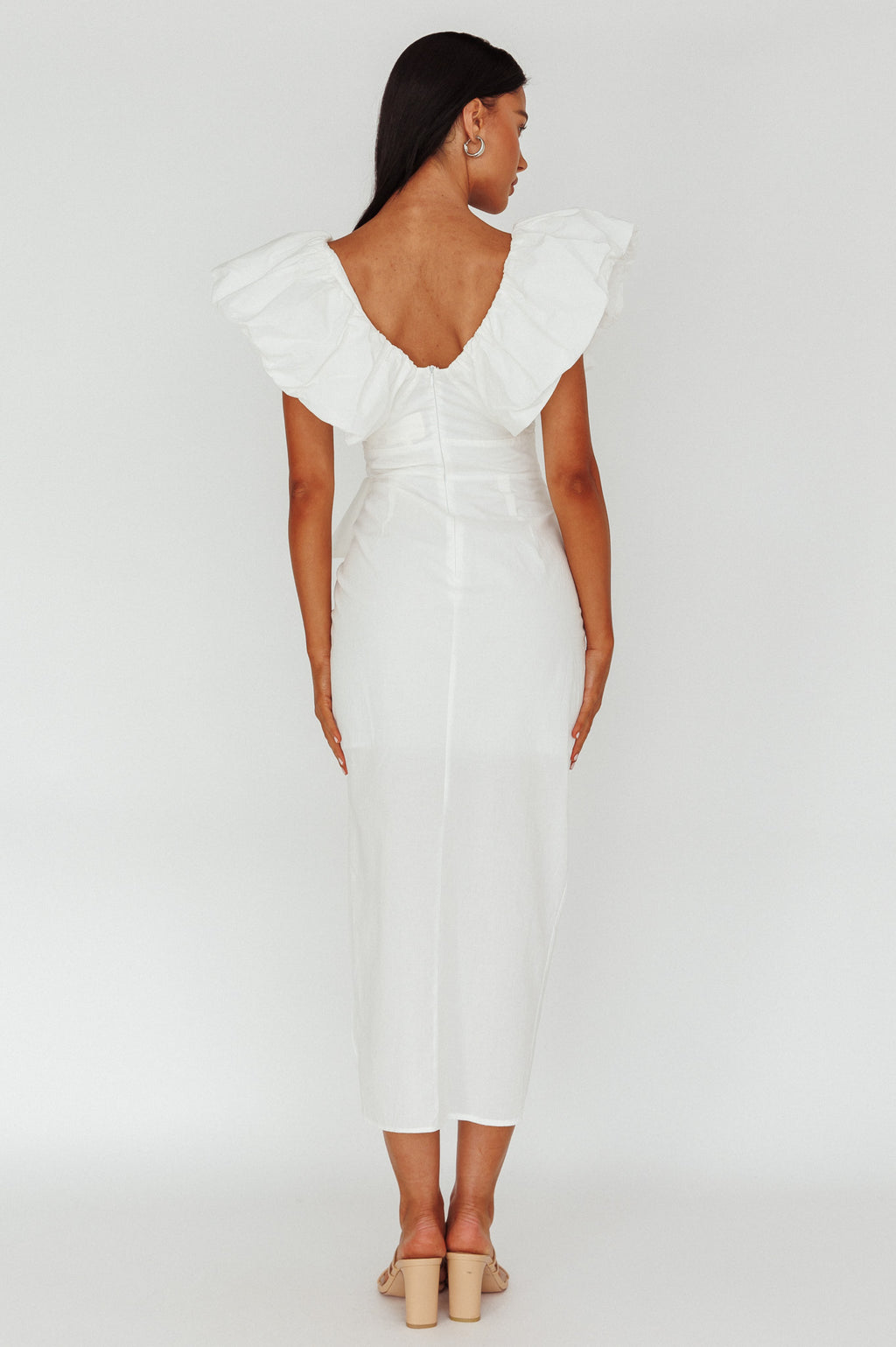 Kahlo Ruffle Neckline Wrap Midi Dress White by Selfie Leslie