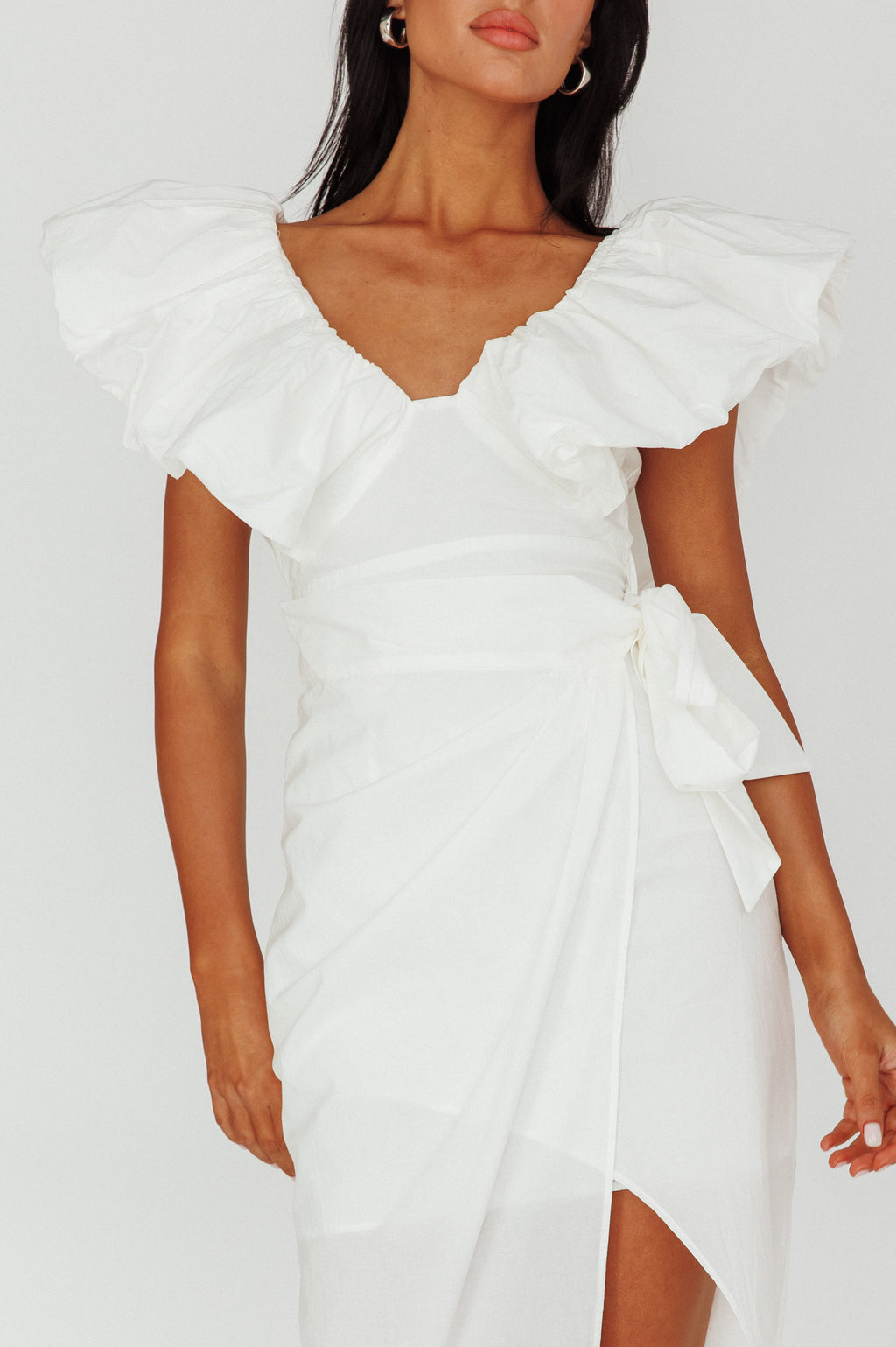 Kahlo Ruffle Neckline Wrap Midi Dress White by Selfie Leslie