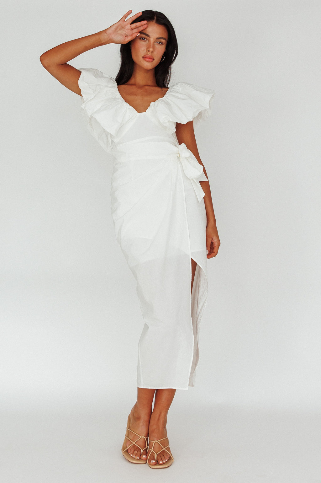 Kahlo Ruffle Neckline Wrap Midi Dress White by Selfie Leslie