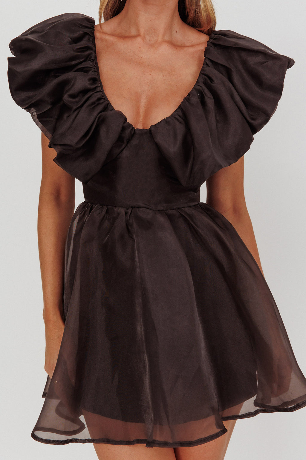 Kahlo Ruffle Neckline Mini Dress Black by Selfie Leslie