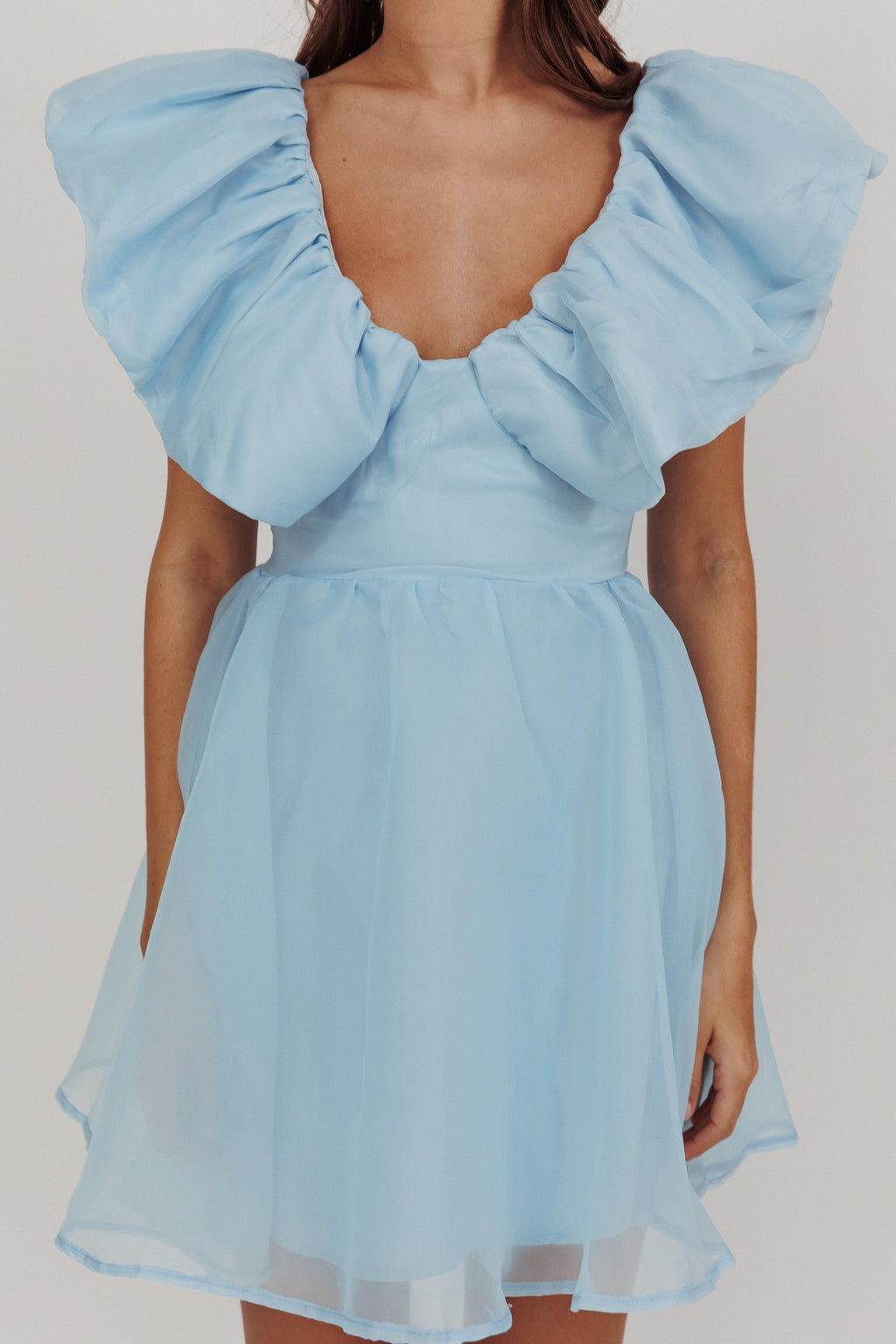 Kahlo Ruffle Neckline Mini Dress Blue by Selfie Leslie
