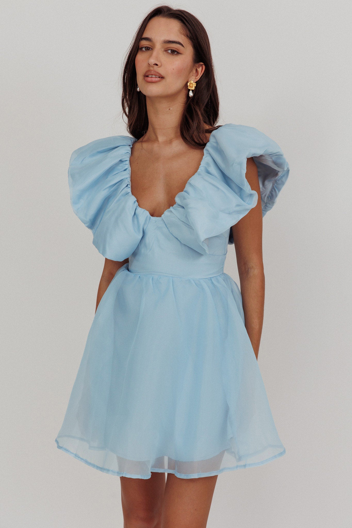 Kahlo Ruffle Neckline Mini Dress Blue by Selfie Leslie