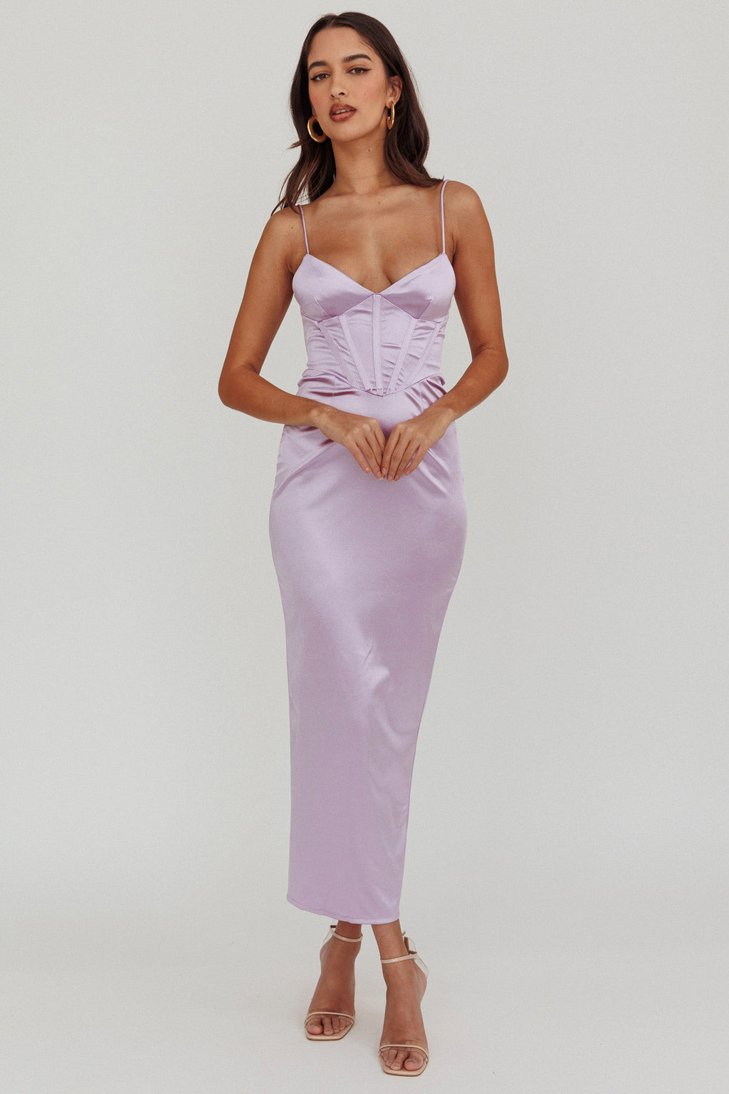 Seraya Lace-Up Back Satin Maxi Dress Lilac by Selfie Leslie