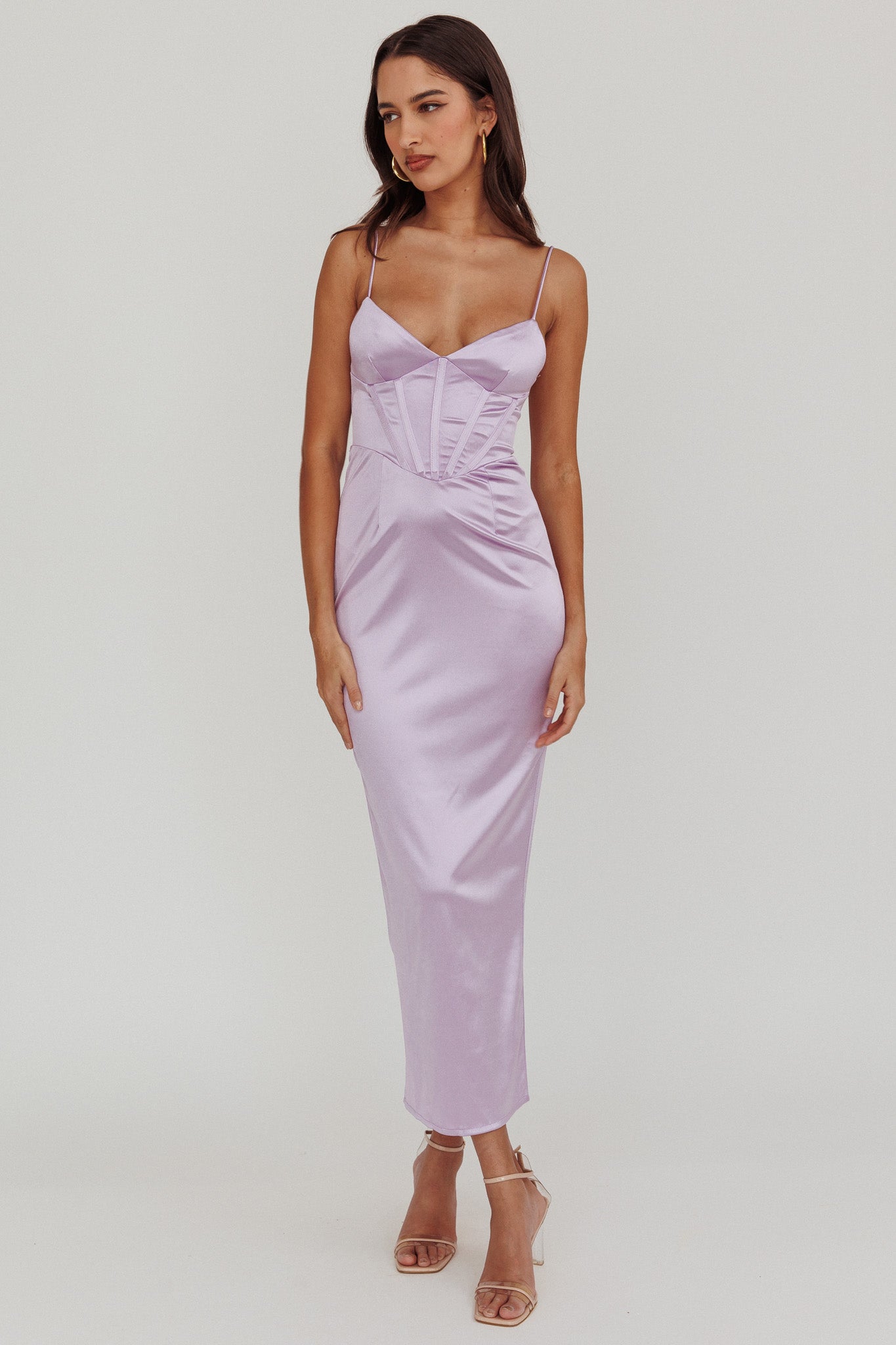 Seraya Lace-Up Back Satin Maxi Dress Lilac Seraya Lace-Up Back Satin Maxi Dress Lilac
