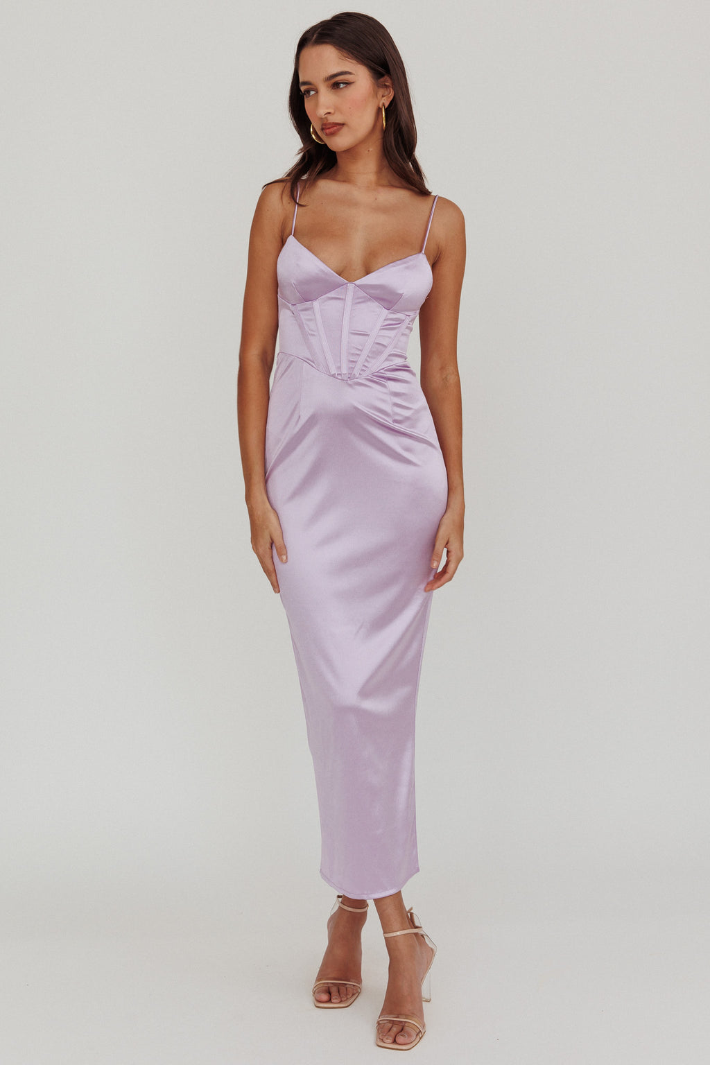 Seraya Lace-Up Back Satin Maxi Dress Lilac by Selfie Leslie