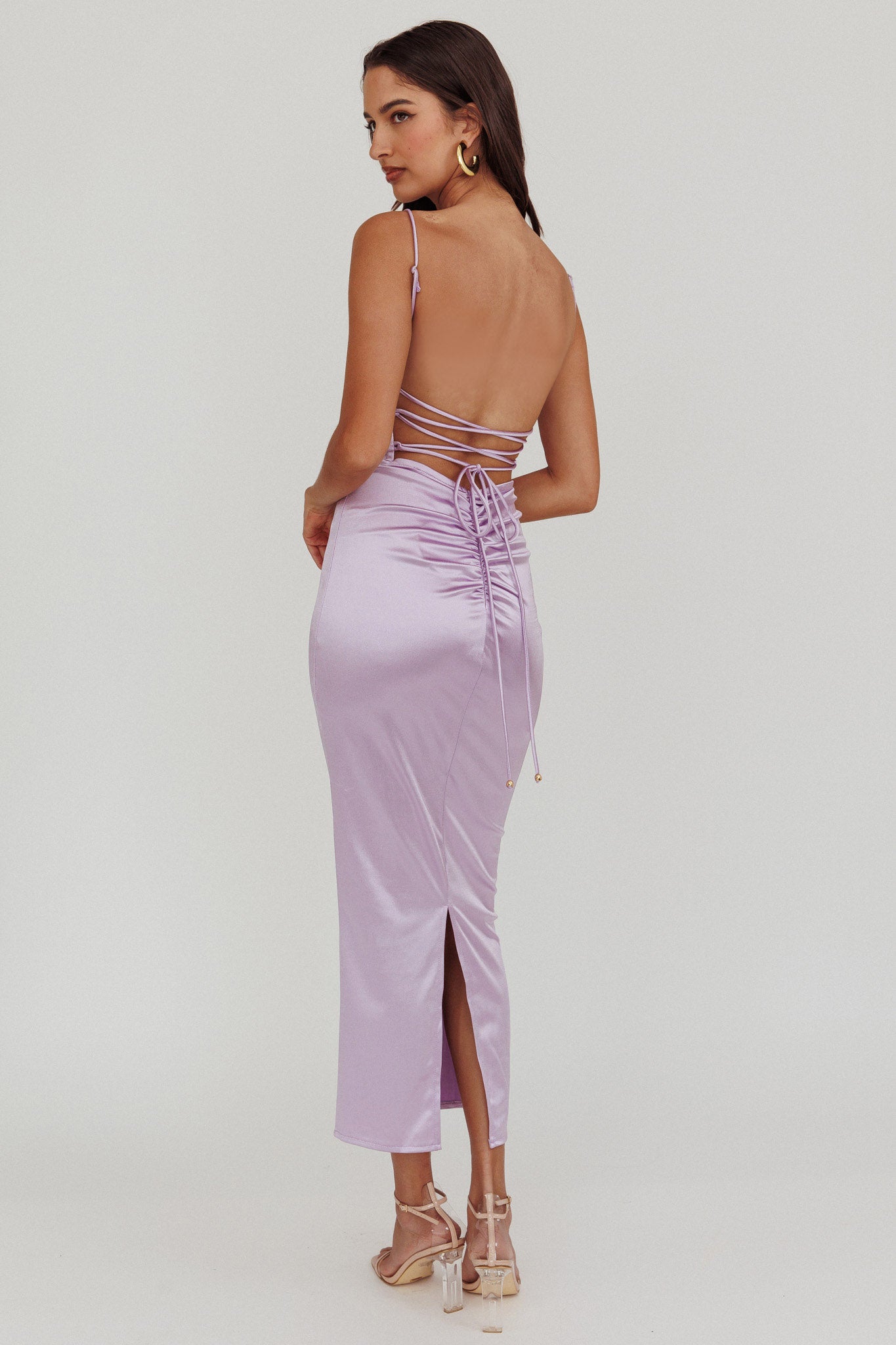 Seraya Lace-Up Back Satin Maxi Dress Lilac Selfie Leslie Seraya Lace-Up Back Satin Maxi Dress Lilac Selfie Leslie