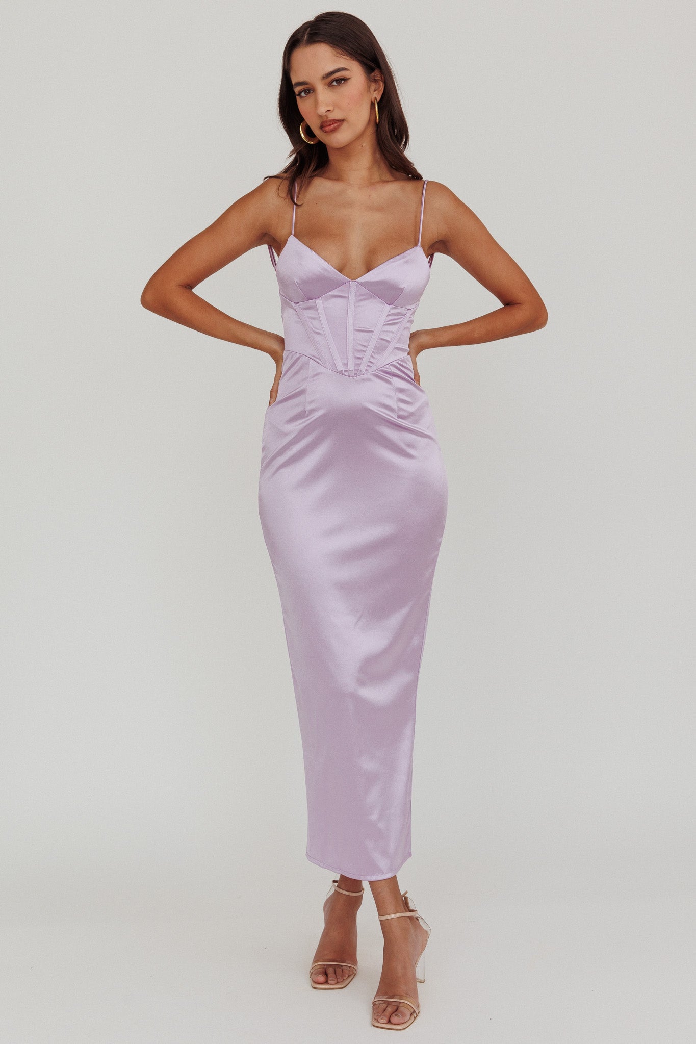Seraya Lace-Up Back Satin Maxi Dress Lilac | Selfie Leslie