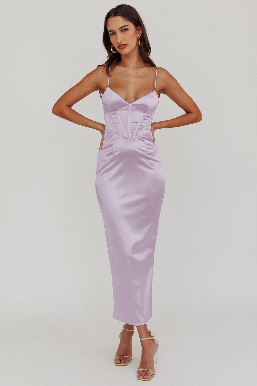 Seraya Lace-Up Back Satin Maxi Dress Lilac | Selfie Leslie Seraya Lace-Up Back Satin Maxi Dress Lilac | Selfie Leslie