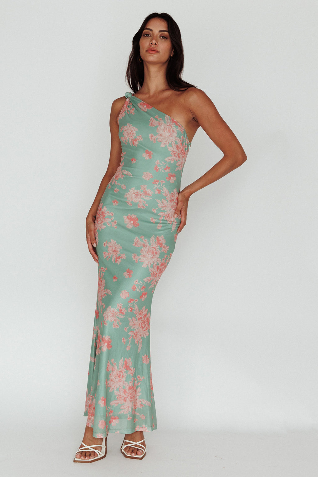 Portland One-Shoulder Jersey Maxi Dress Floral Green by Selfie Leslie