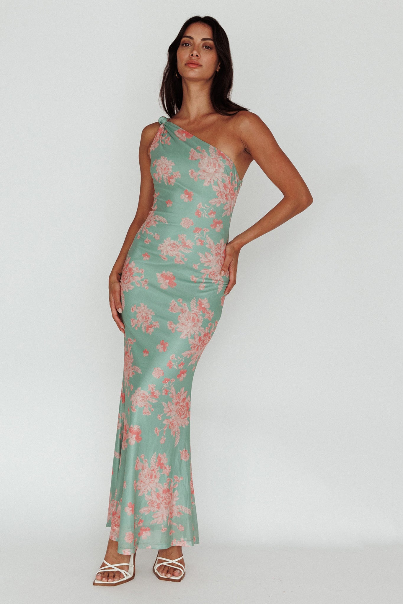 Portland One-Shoulder Jersey Maxi Dress Floral Green by Selfie Leslie