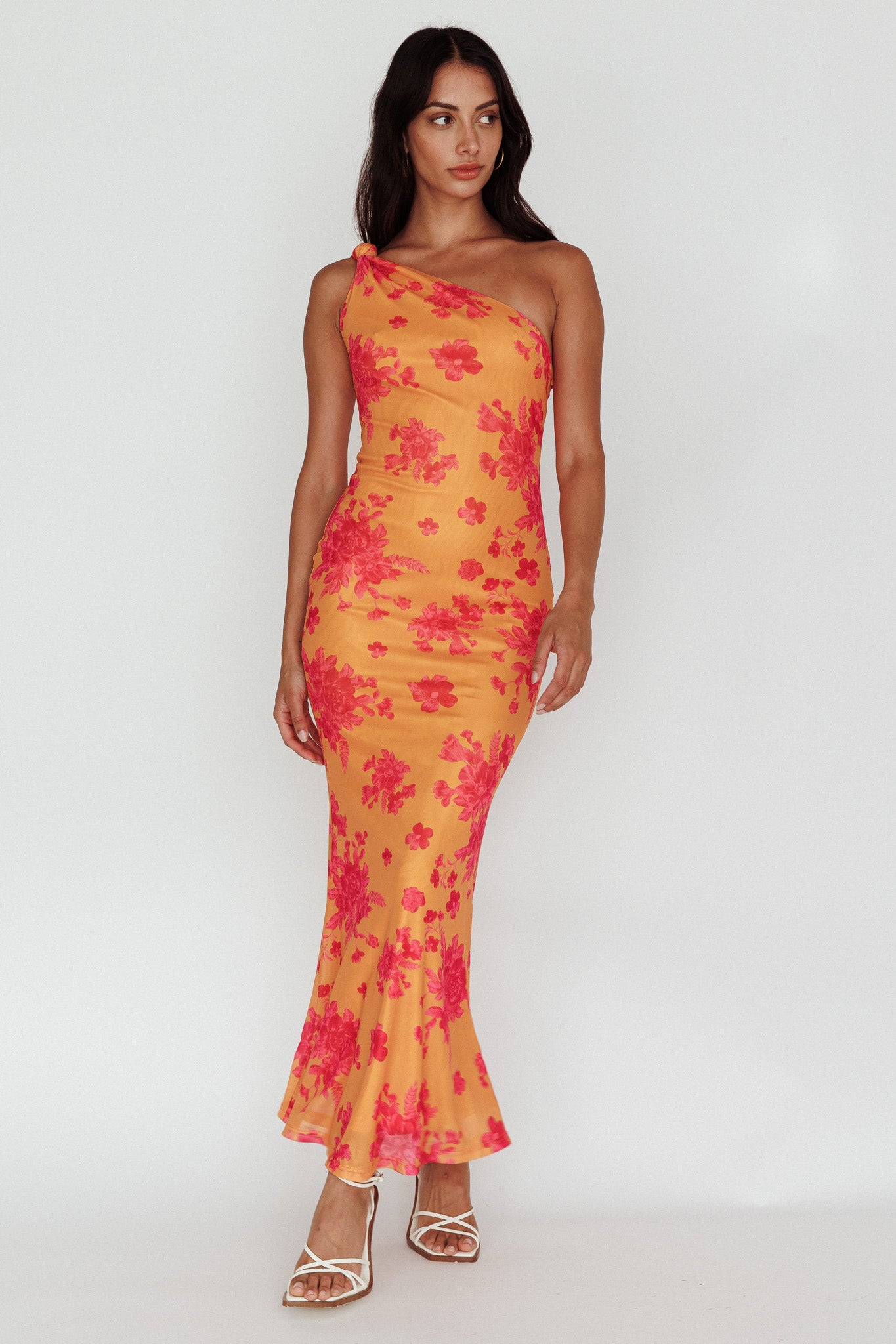 orange jersey maxi dress Portland One-Shoulder Jersey Maxi Dress Floral Orange