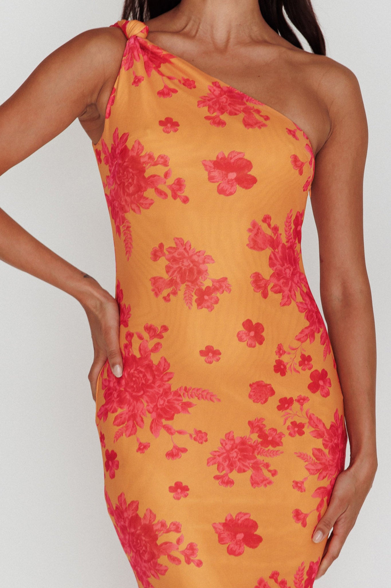 Portland One-Shoulder Jersey Maxi Dress Floral Orange by Selfie Leslie