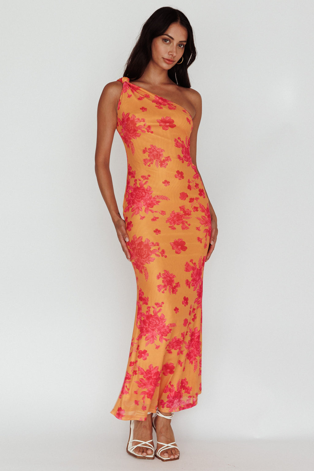 Portland One-Shoulder Jersey Maxi Dress Floral Orange by Selfie Leslie