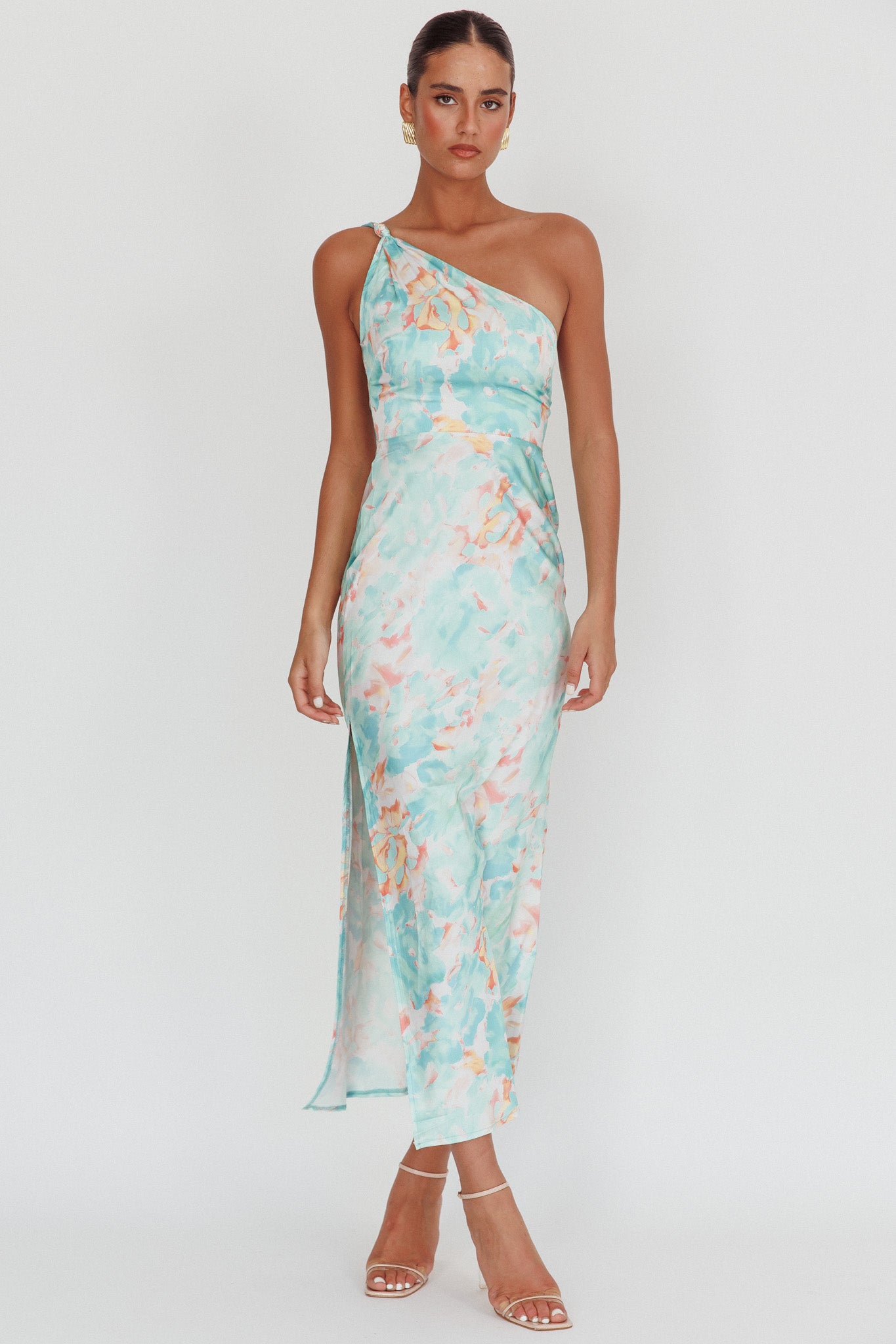 Portland One-Shoulder Maxi Dress Floral Mint by Selfie Leslie