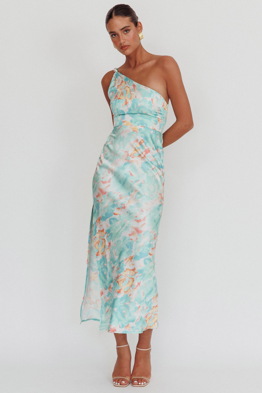 Portland One-Shoulder Maxi Dress Floral Mint by Selfie Leslie