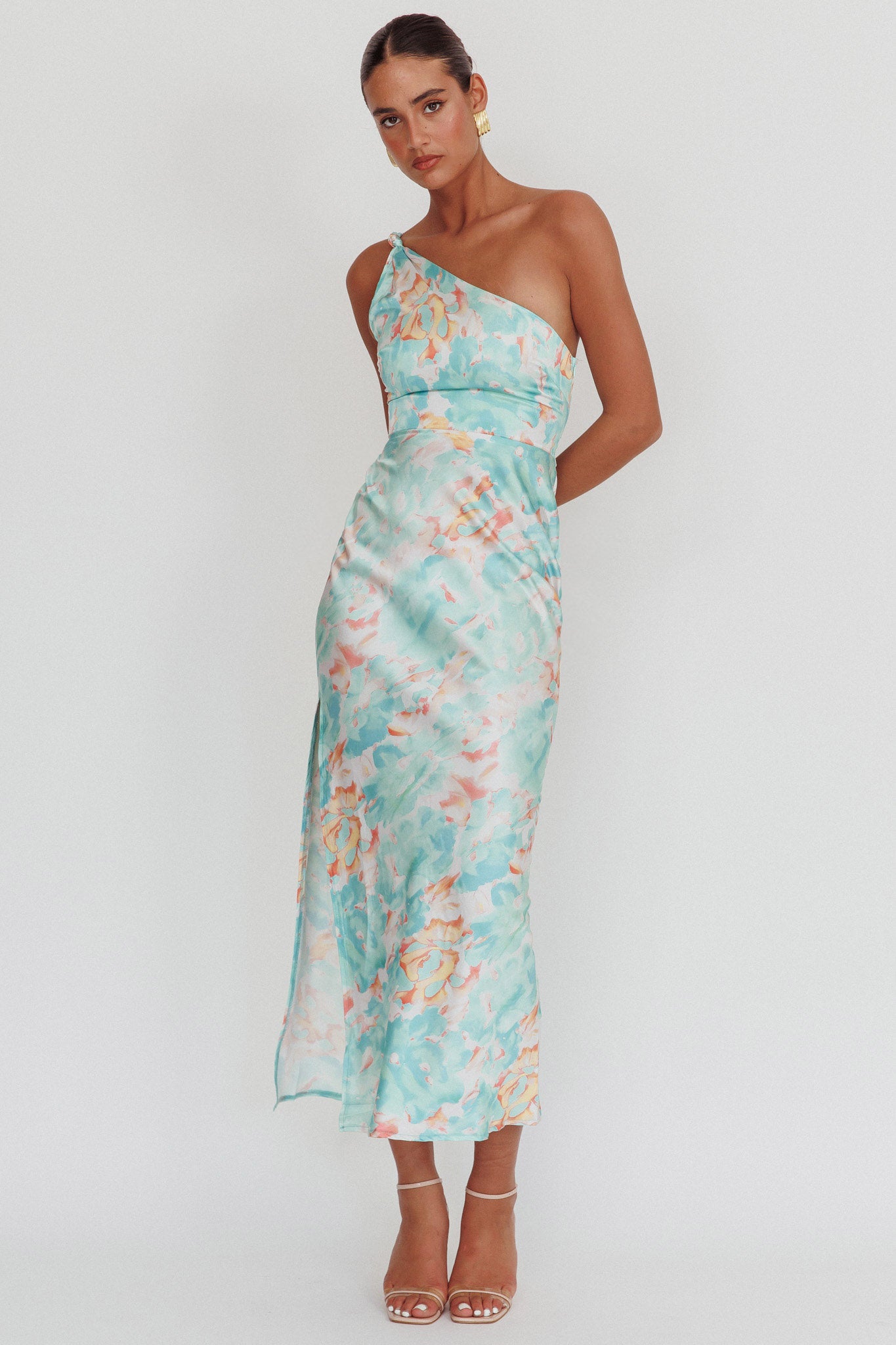 Portland One-Shoulder Maxi Dress Floral Mint by Selfie Leslie