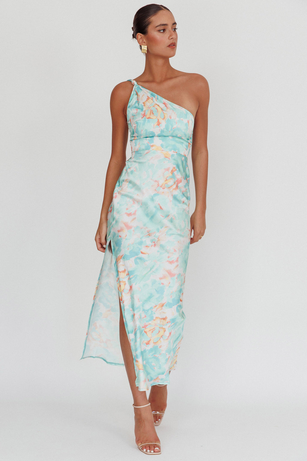 Portland One-Shoulder Maxi Dress Floral Mint by Selfie Leslie