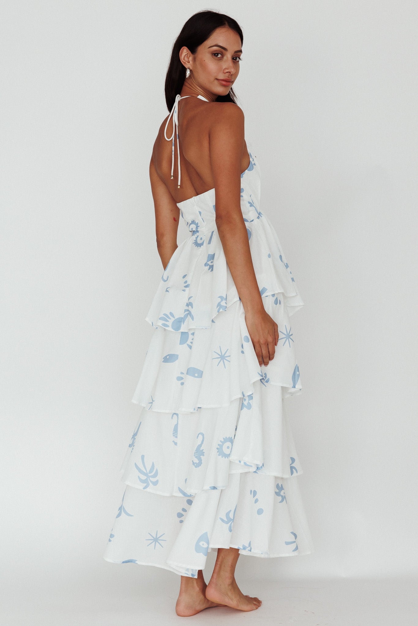 Catalina Tiered Ruffle Maxi Dress White Blue by Selfie Leslie