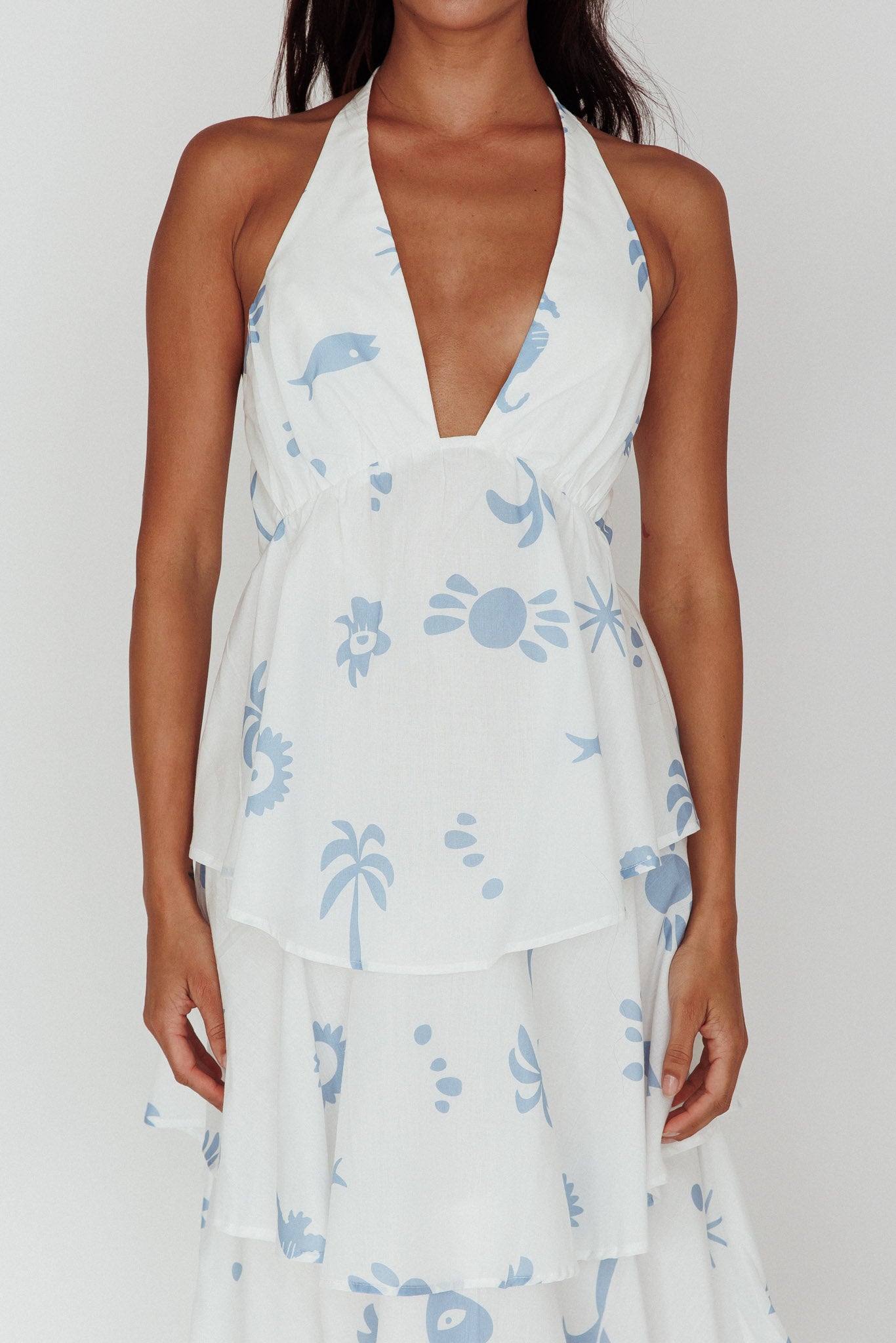 Catalina Tiered Ruffle Maxi Dress White Blue by Selfie Leslie