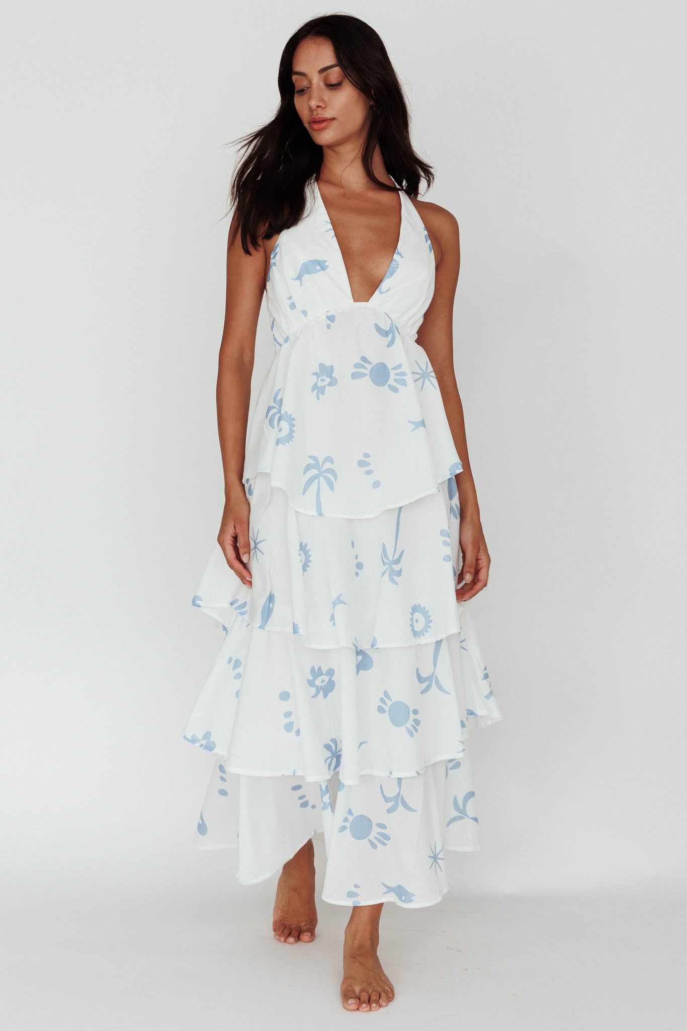 Catalina Tiered Ruffle Maxi Dress White Blue by Selfie Leslie