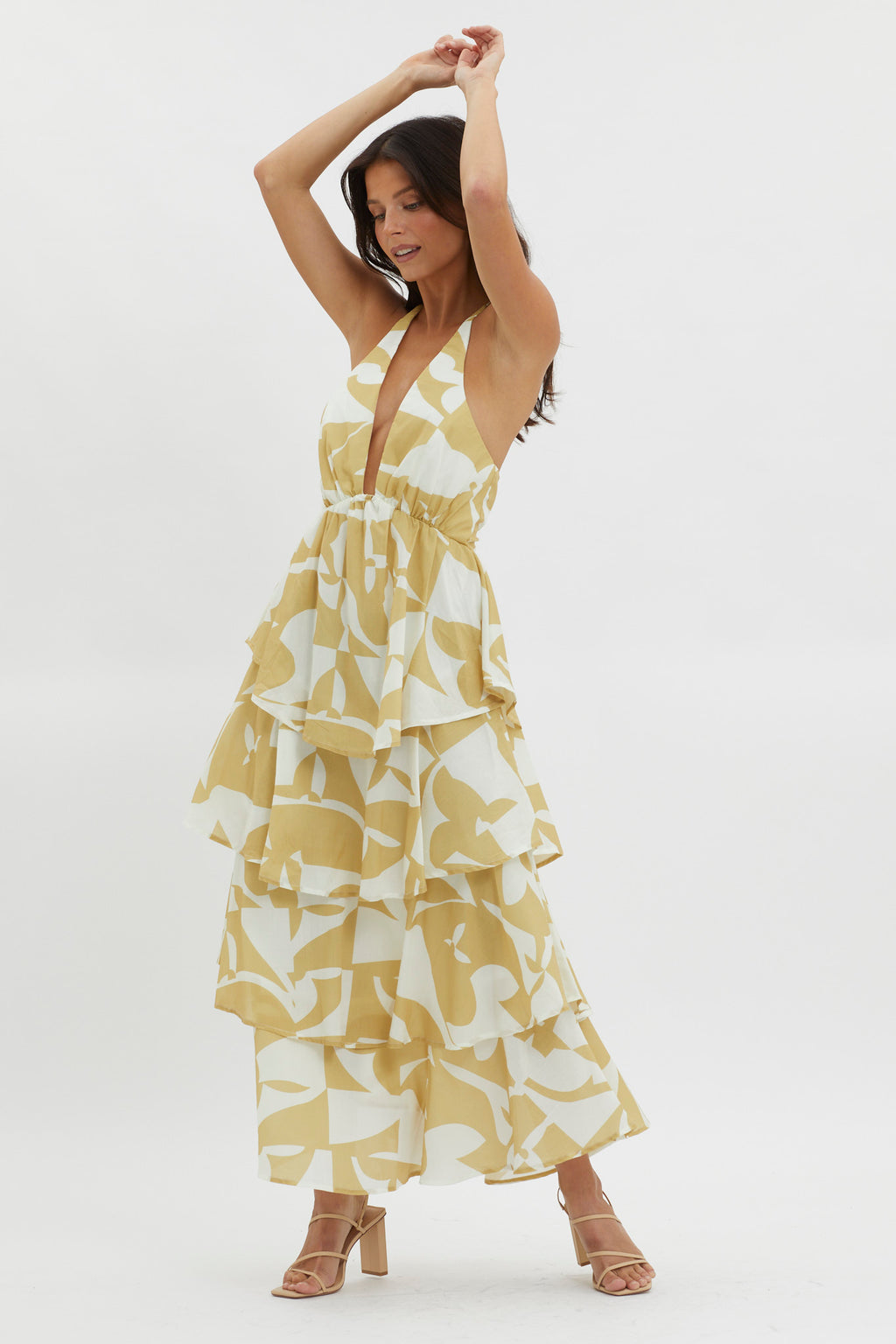 Catalina Tiered Ruffle Maxi Dress Print Yellow by Selfie Leslie