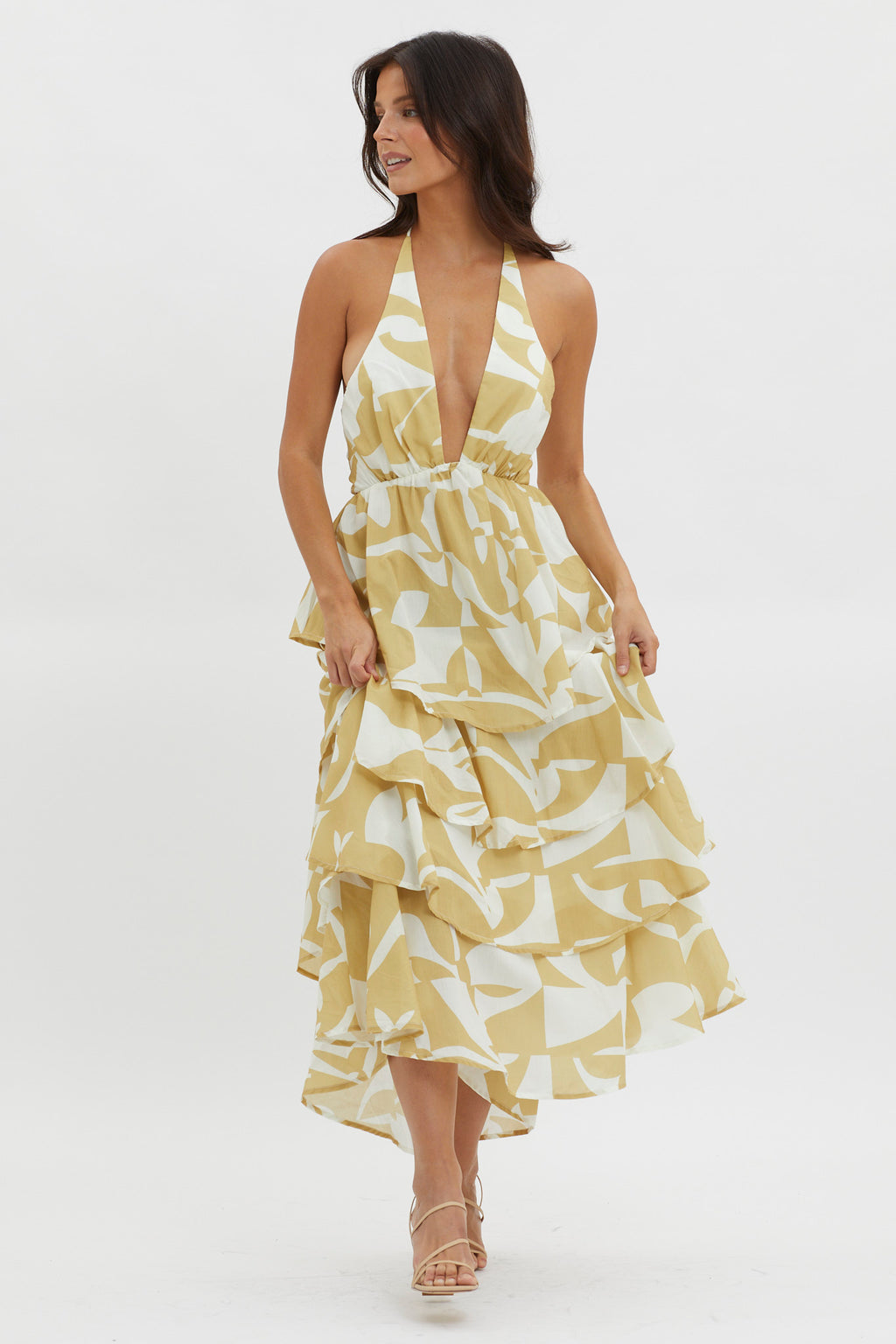 Catalina Tiered Ruffle Maxi Dress Print Yellow by Selfie Leslie