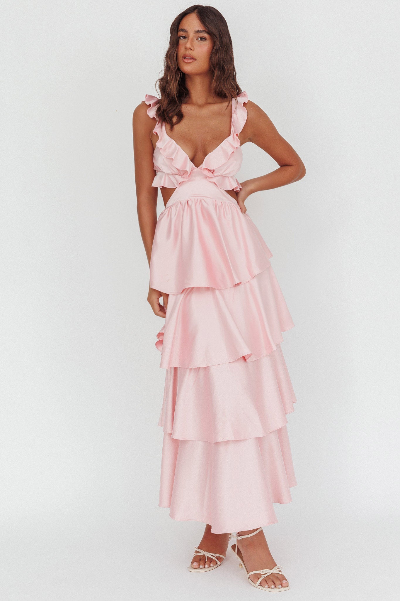 Catalina Tiered Ruffle Cut-Out Maxi Dress Blush by Selfie Leslie