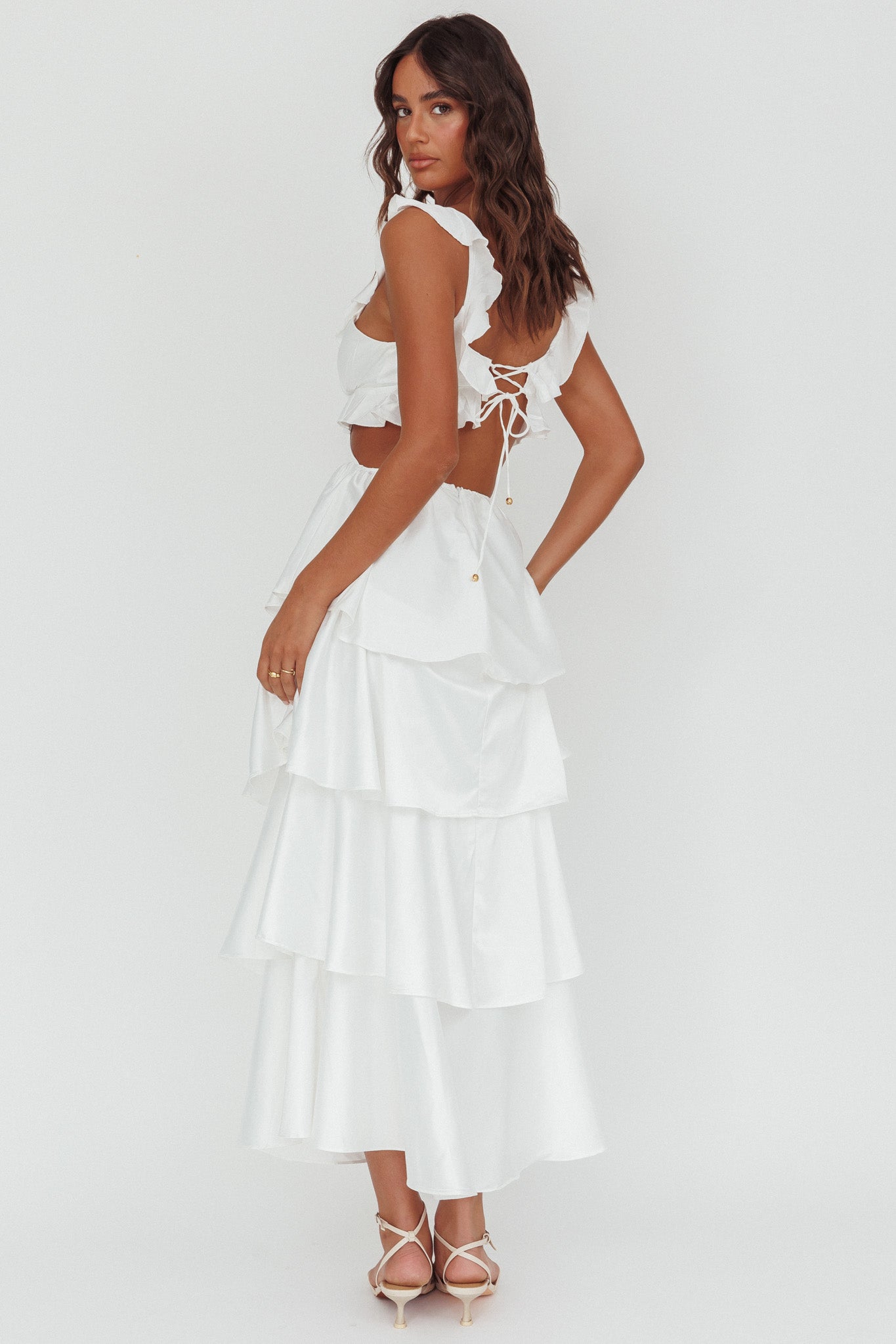 Catalina Tiered Ruffle Cut-Out Maxi Dress White by Selfie Leslie