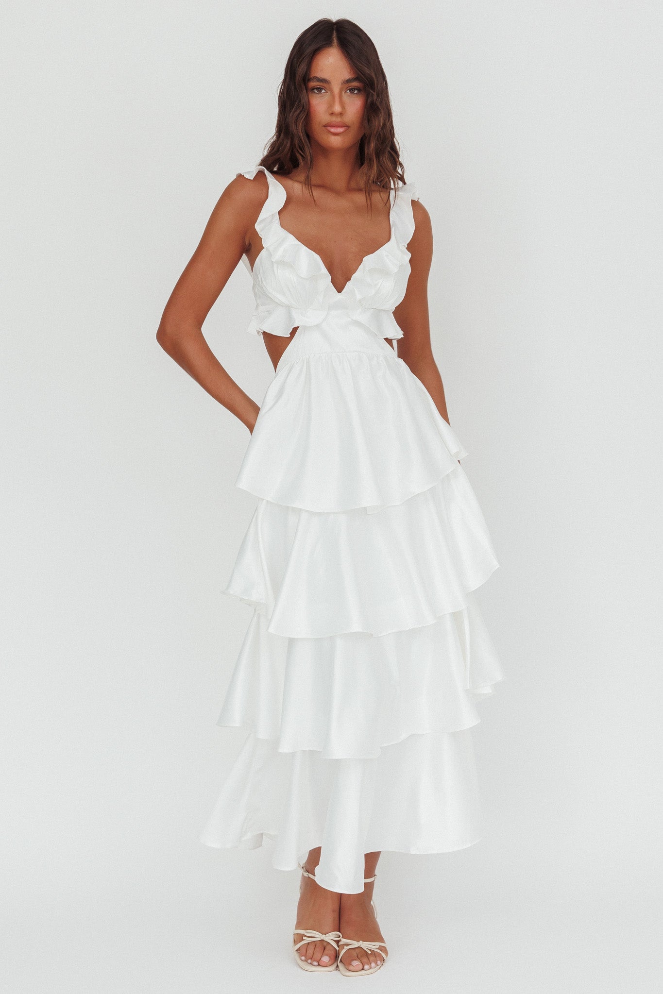 Catalina Tiered Ruffle Cut-Out Maxi Dress White | Selfie Leslie Catalina Tiered Ruffle Cut-Out Maxi Dress White | Selfie Leslie