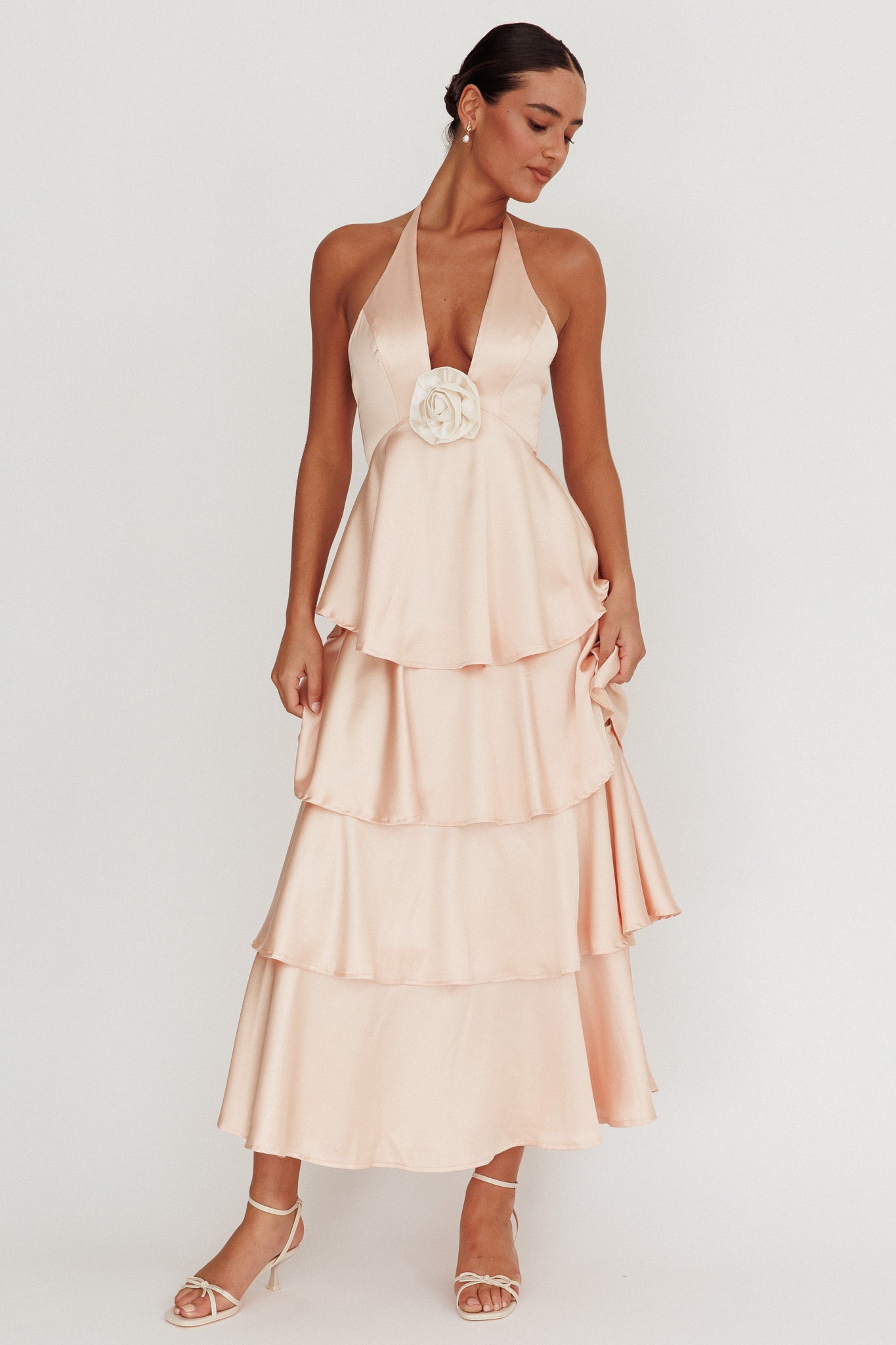 Catalina Tiered Ruffle Rosette Maxi Dress Peach Selfie Leslie