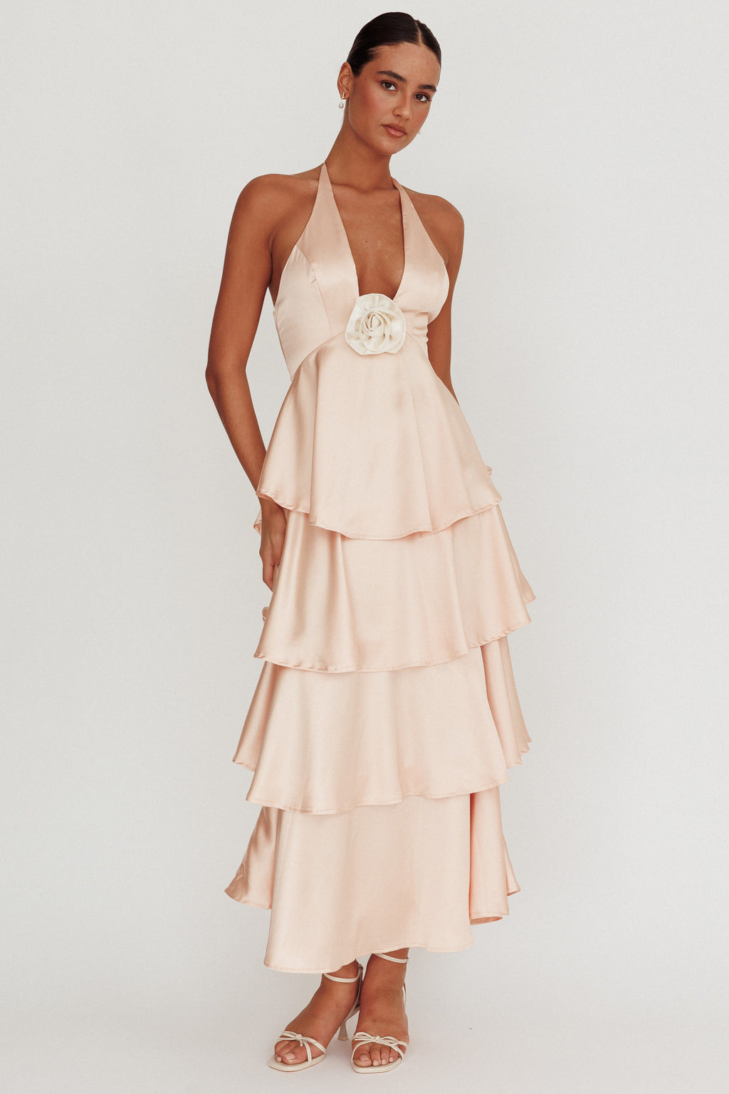 Catalina Tiered Ruffle Rosette Maxi Dress Peach by Selfie Leslie