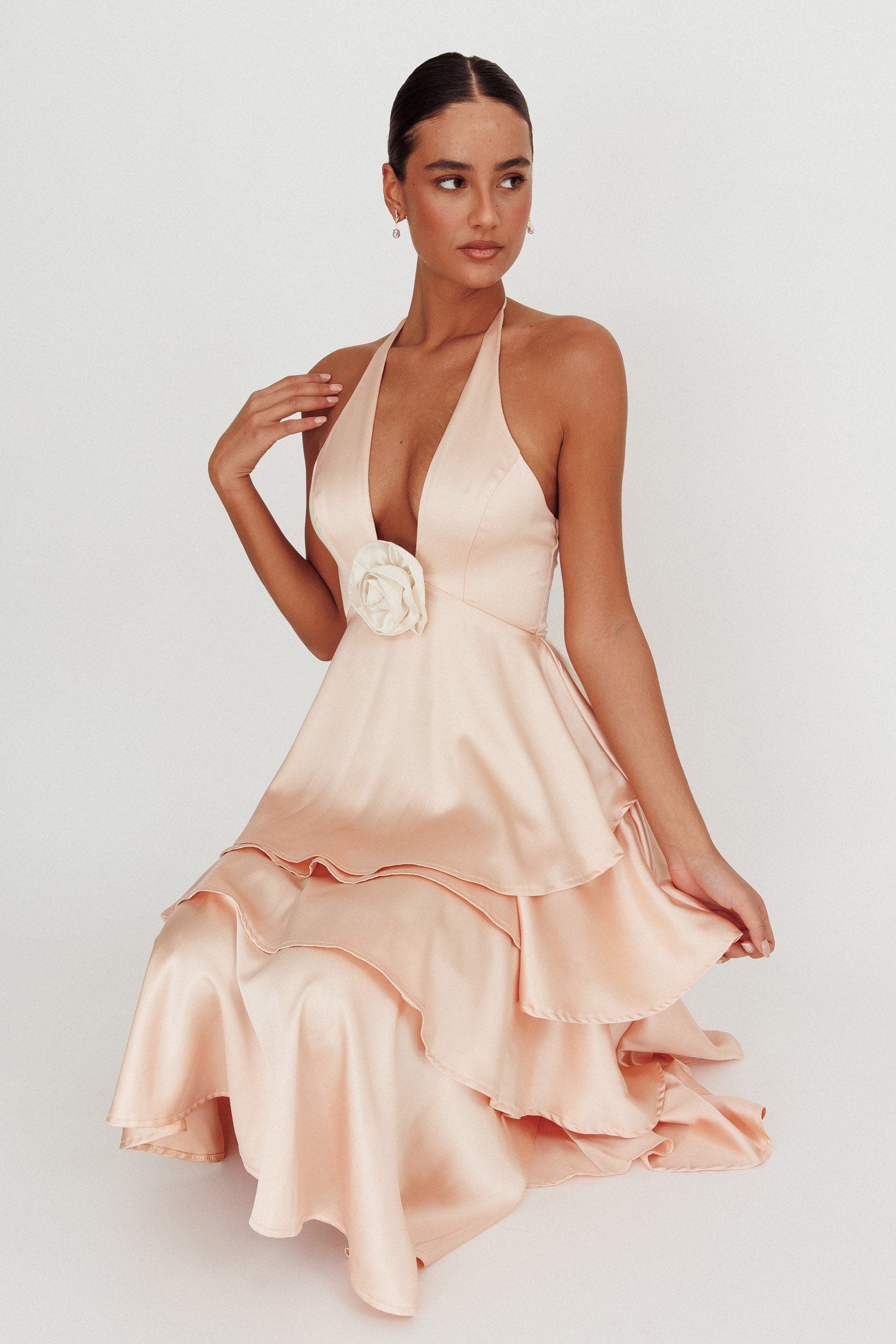 Catalina Tiered Ruffle Rosette Maxi Dress Peach by Selfie Leslie