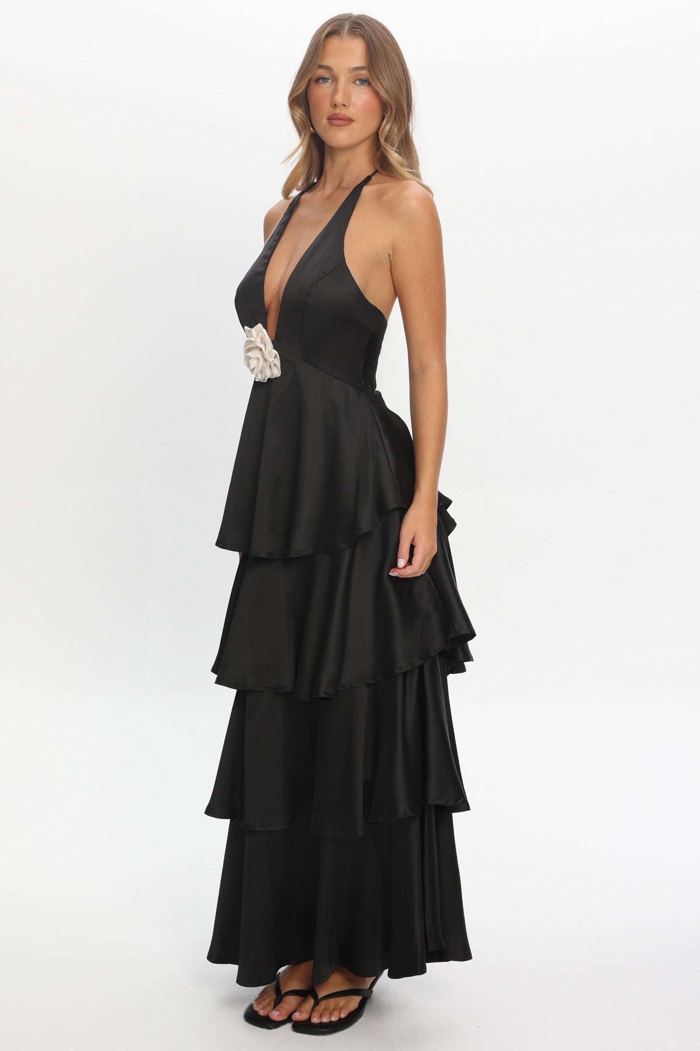 Catalina Tiered Ruffle Rosette Maxi Dress Black - XS Catalina Tiered Ruffle Rosette Maxi Dress Black - XS
