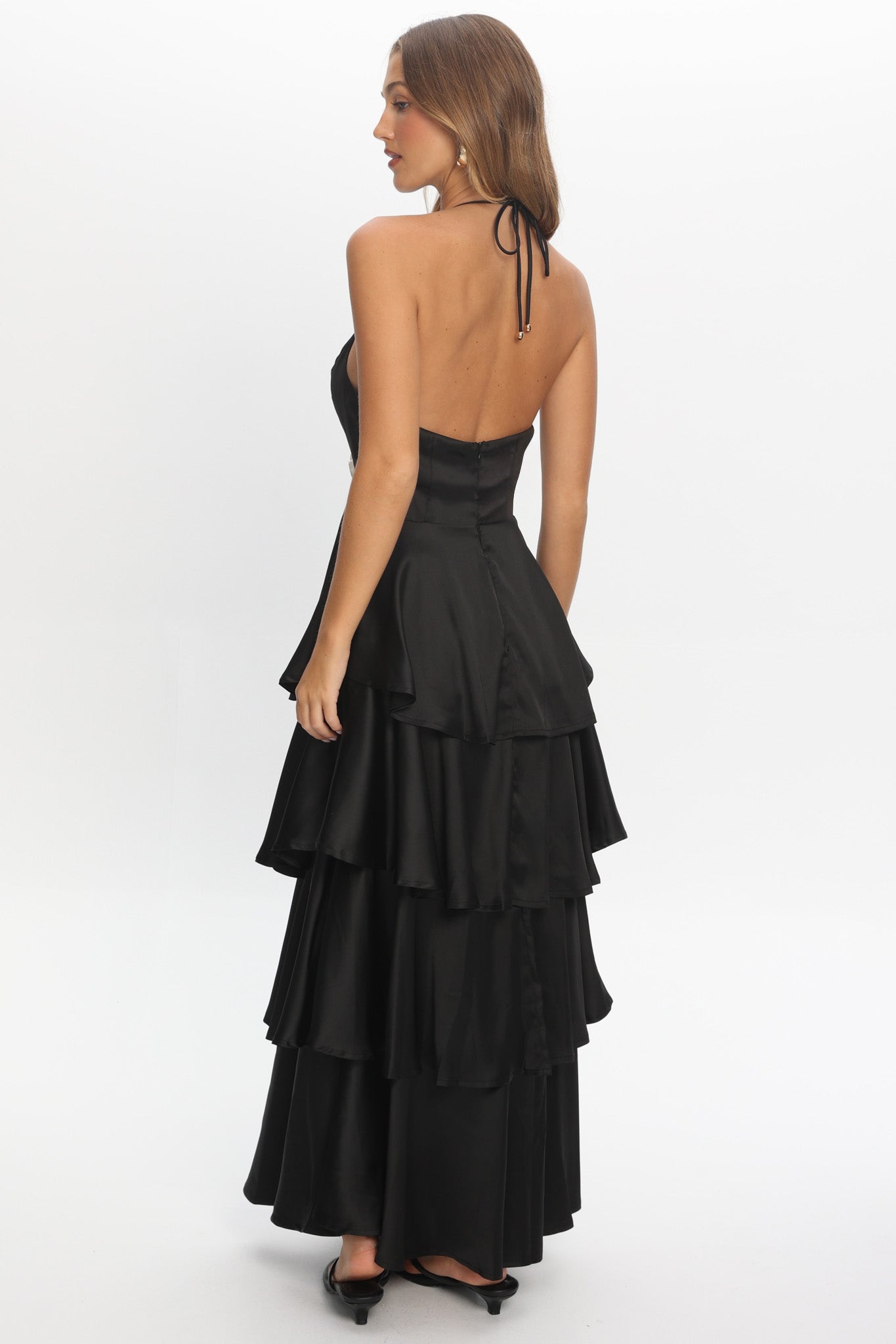 Catalina Tiered Ruffle Rosette Maxi Dress Black - XS Catalina Tiered Ruffle Rosette Maxi Dress Black - XS