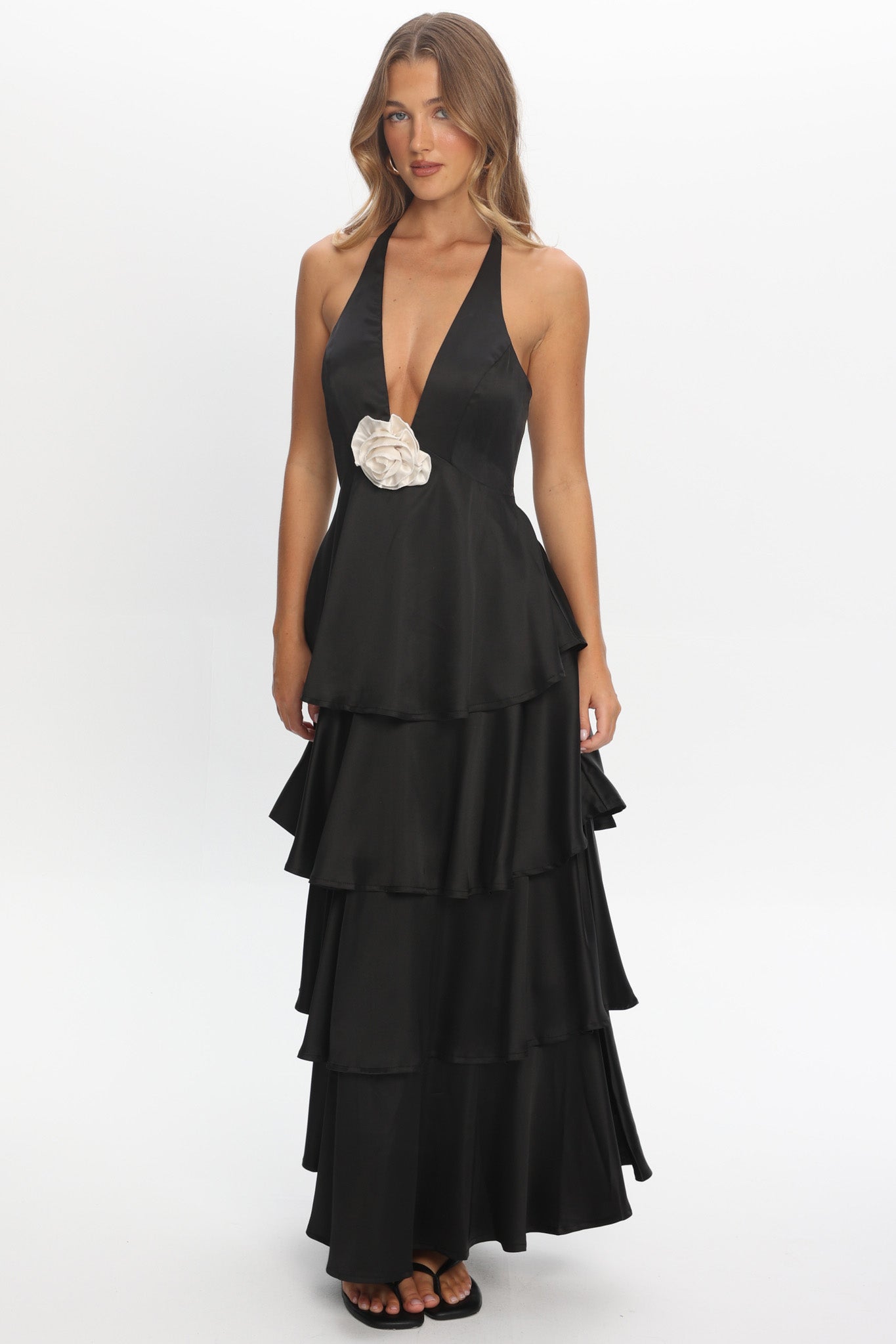 Catalina Tiered Ruffle Rosette Maxi Dress Black - XS Catalina Tiered Ruffle Rosette Maxi Dress Black - XS