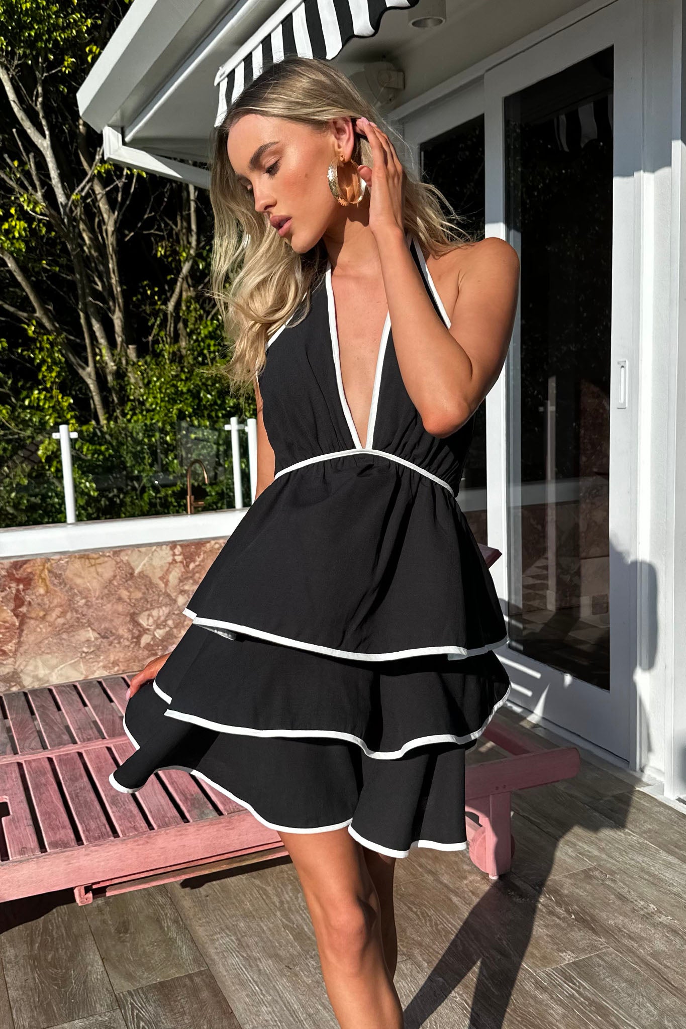 Shop the Catalina Tiered Ruffle Mini Dress Black/White